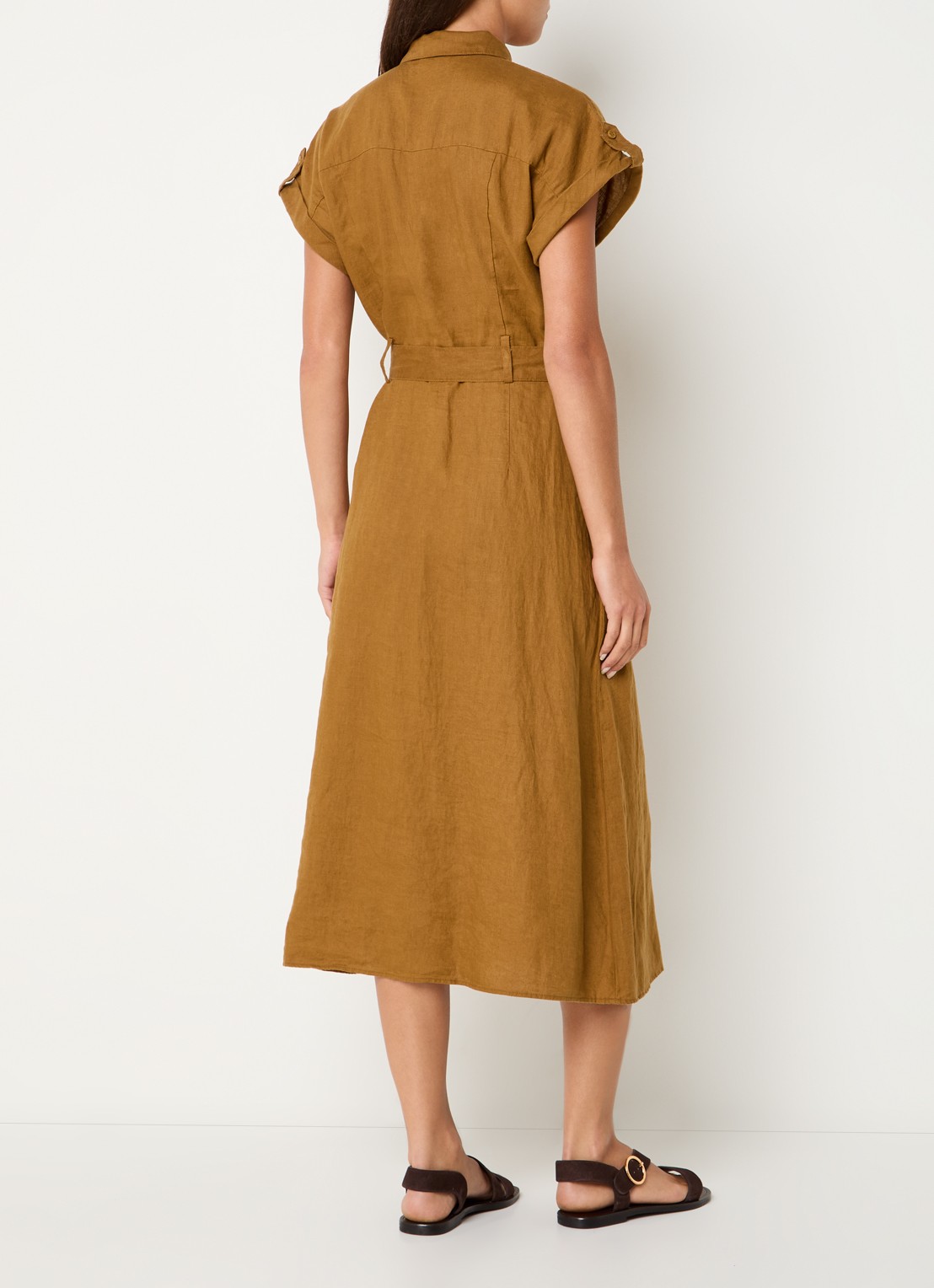 Benetton Midi blouse jurk van linnen met strikceintuur  - achterkant 4 camel