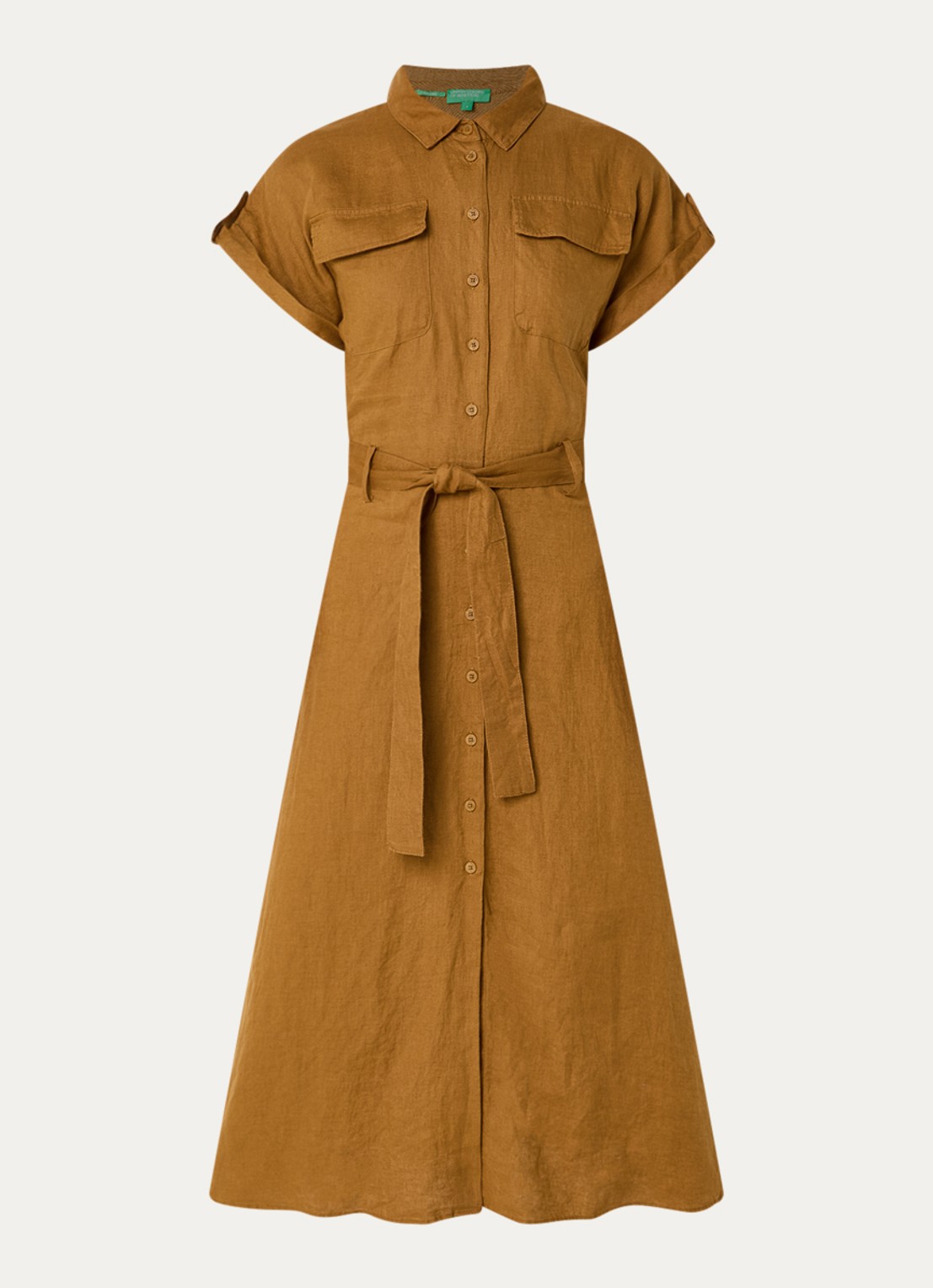 Benetton Midi blouse jurk van linnen met strikceintuur  - voorkant 2 camel