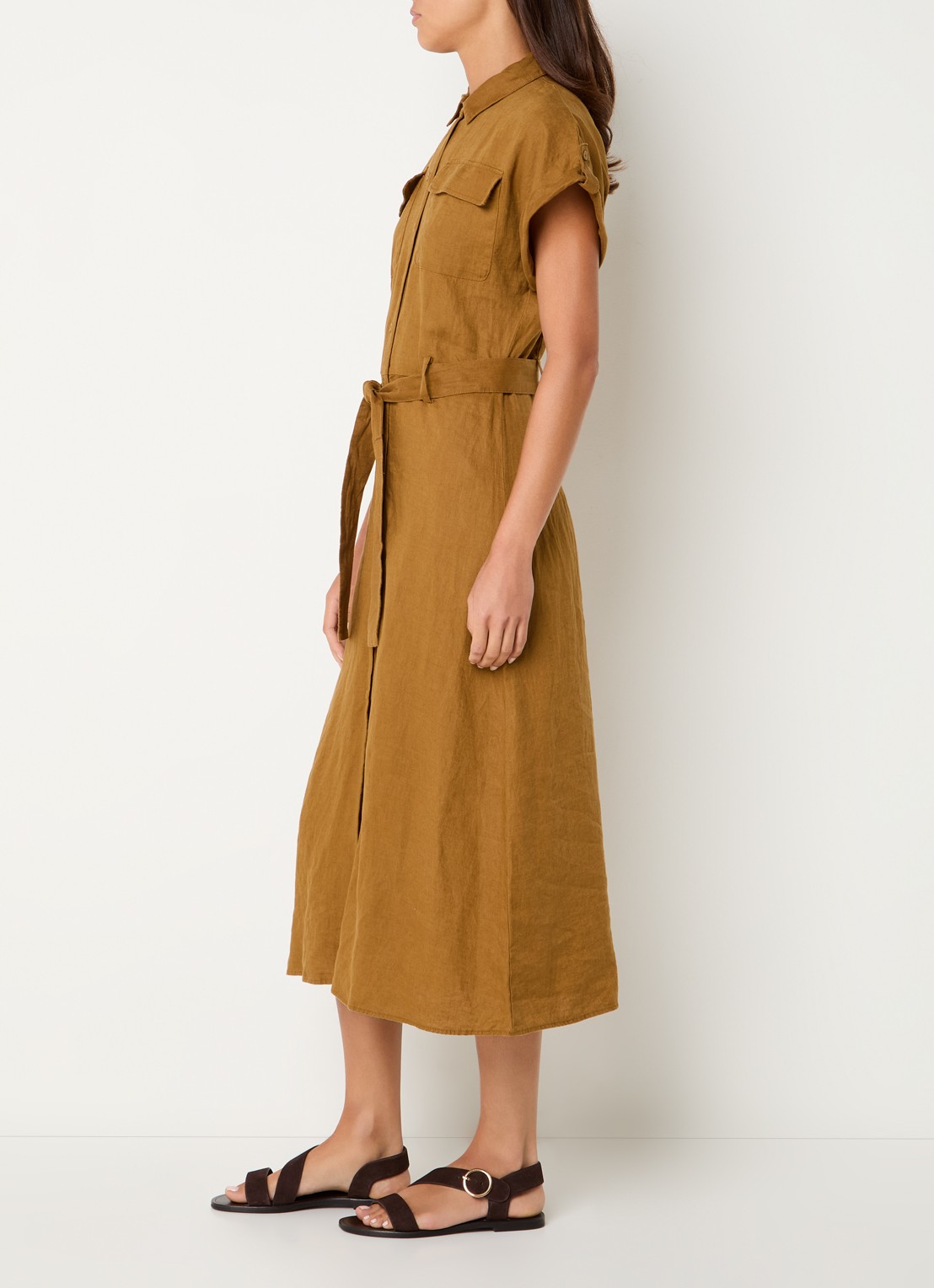 Benetton Midi blouse jurk van linnen met strikceintuur  - voorkant 3 camel