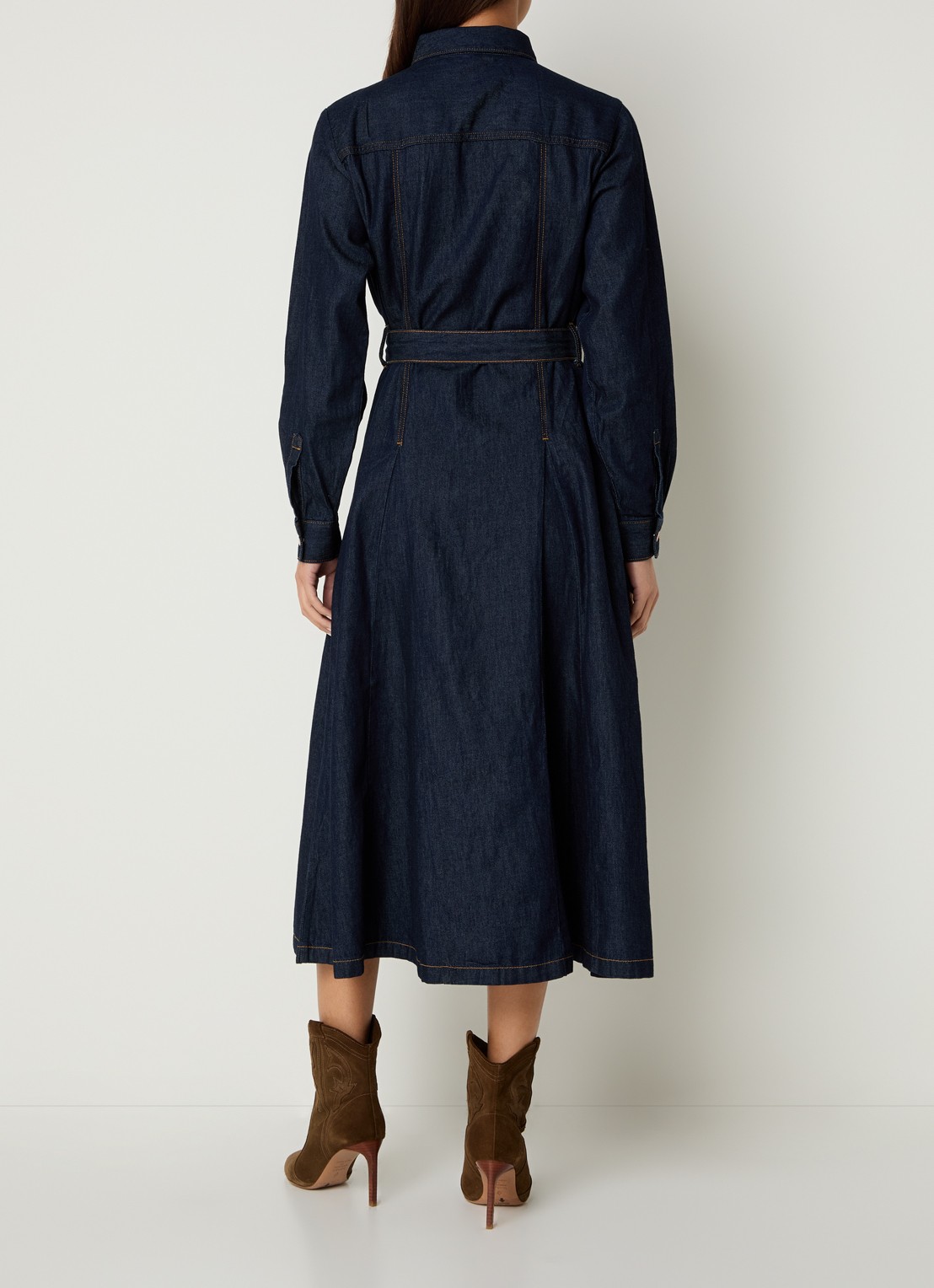 Benetton Midi blousejurk van denim met strikceintuur - achterkant 4 indigo