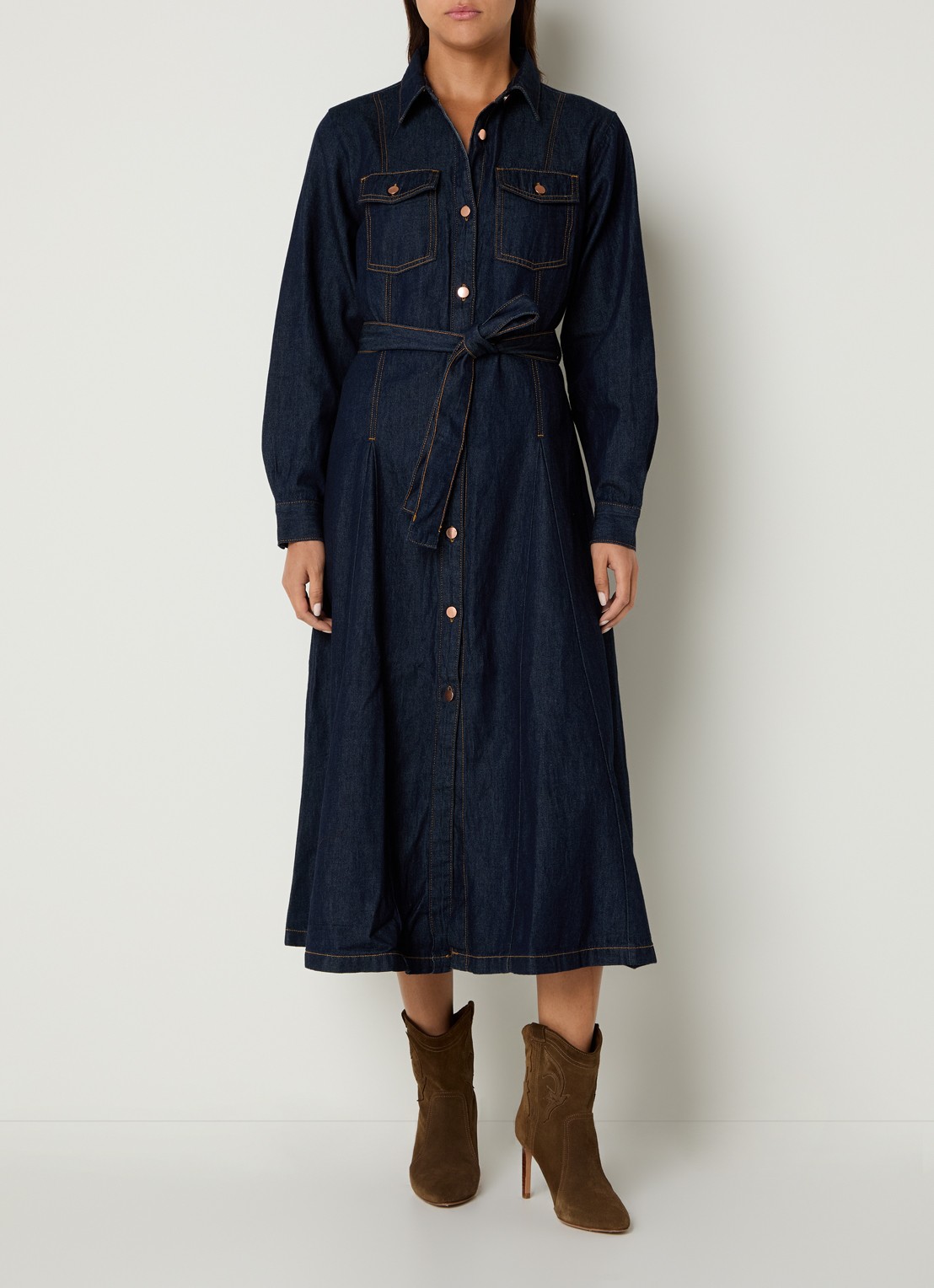 Benetton Midi blousejurk van denim met strikceintuur - detail 3 indigo