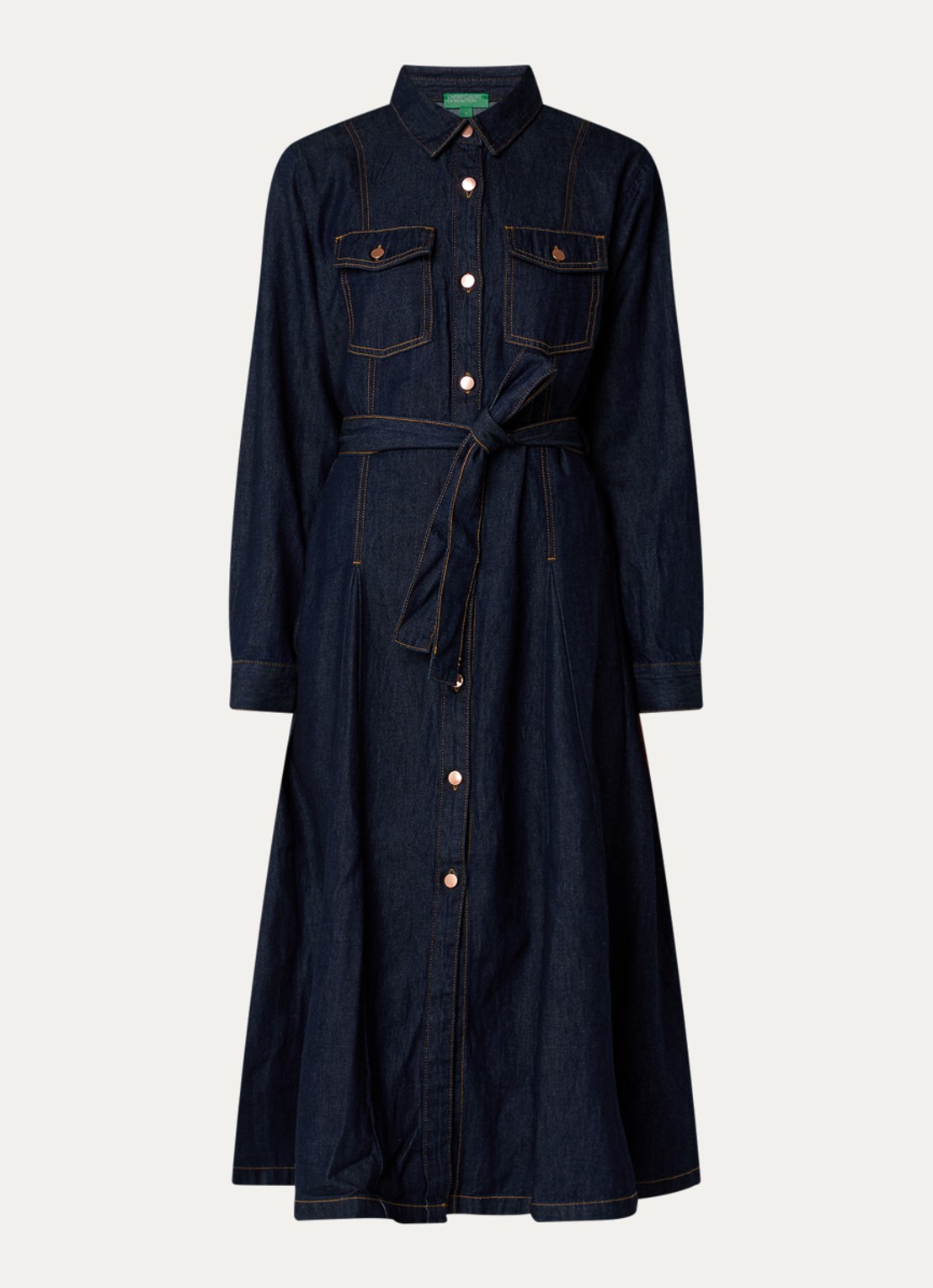 Benetton Midi blousejurk van denim met strikceintuur - voorkant indigo