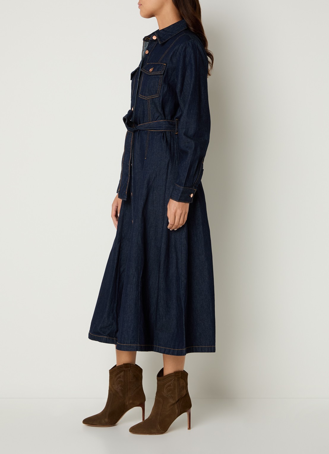 Benetton Midi blousejurk van denim met strikceintuur - voorkant 2 indigo