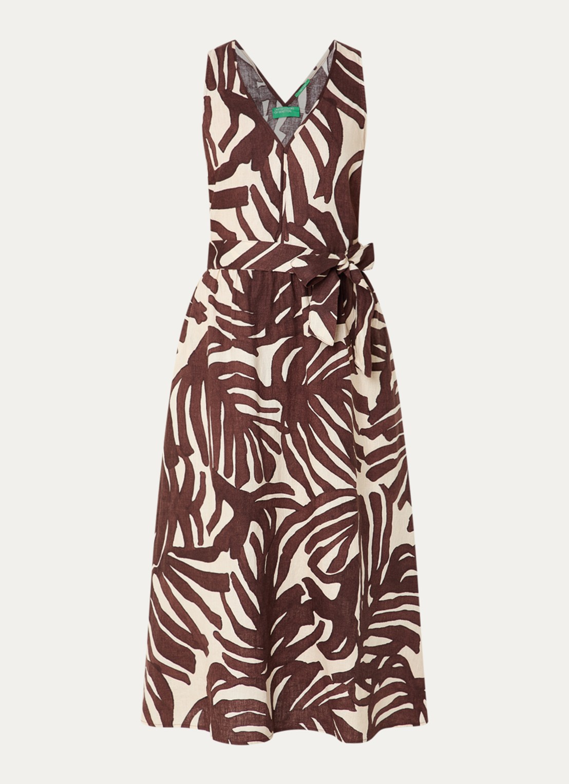 Benetton Midi jurk met strikceintuur en print - voorkant 2 bruin
