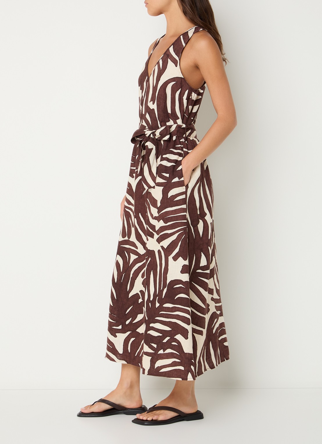 Benetton Midi jurk met strikceintuur en print - voorkant 3 bruin