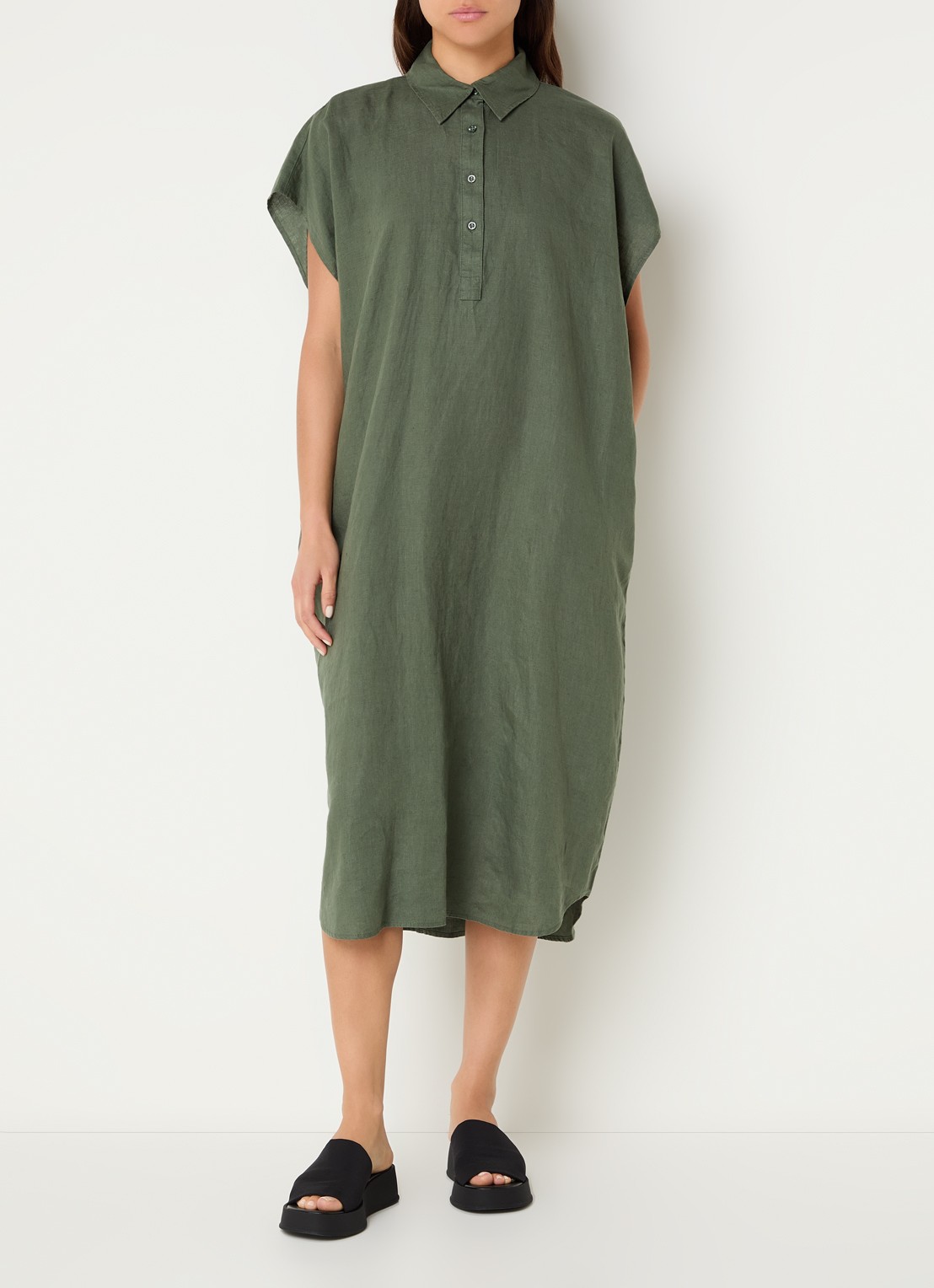 Benetton Midi jurk van linnen met steekzakken - detail legergroen