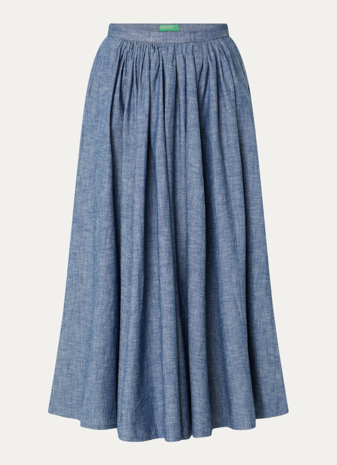 Benetton Midi plooirok van chambray met steekzakken - voorkant indigo