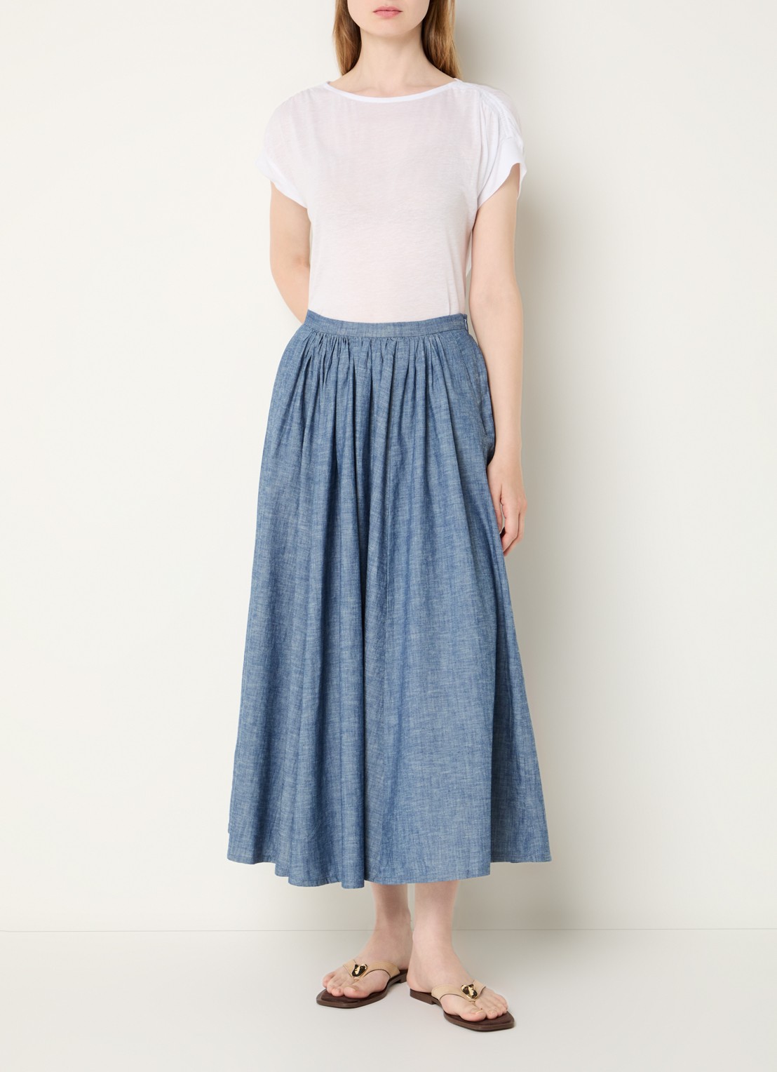 Benetton Midi plooirok van chambray met steekzakken - voorkant 2 indigo