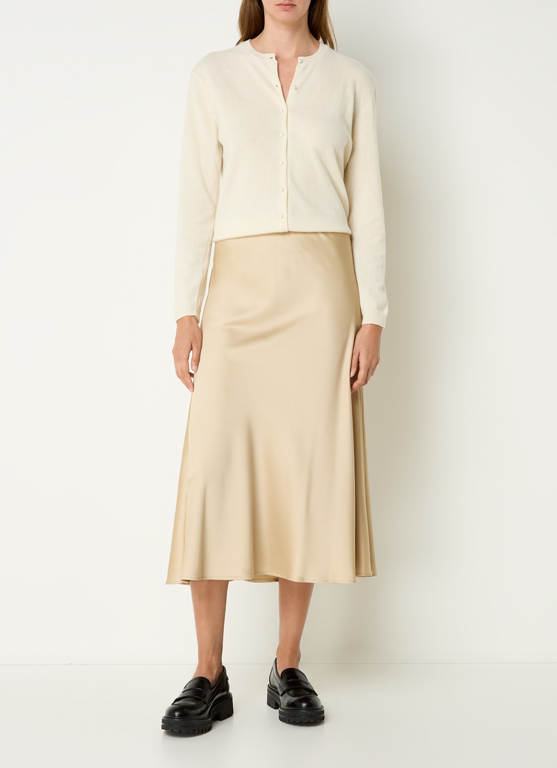 Benetton Midi rok van satijn met elastische band - voorkant 2 camel