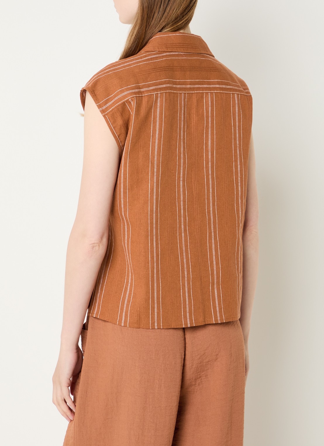 Benetton Mouwloze blouse in linnenblend met streepprint en strikceintuur - achterkant 4 oranjebruin