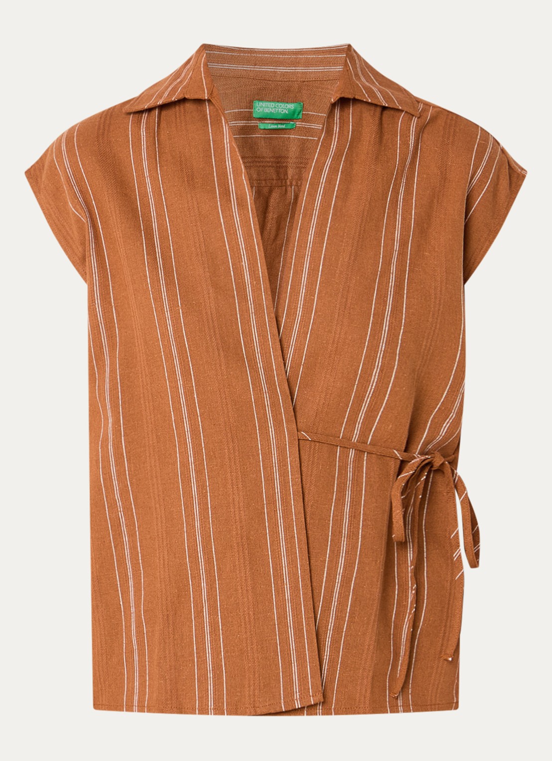 Benetton Mouwloze blouse in linnenblend met streepprint en strikceintuur - voorkant 2 oranjebruin