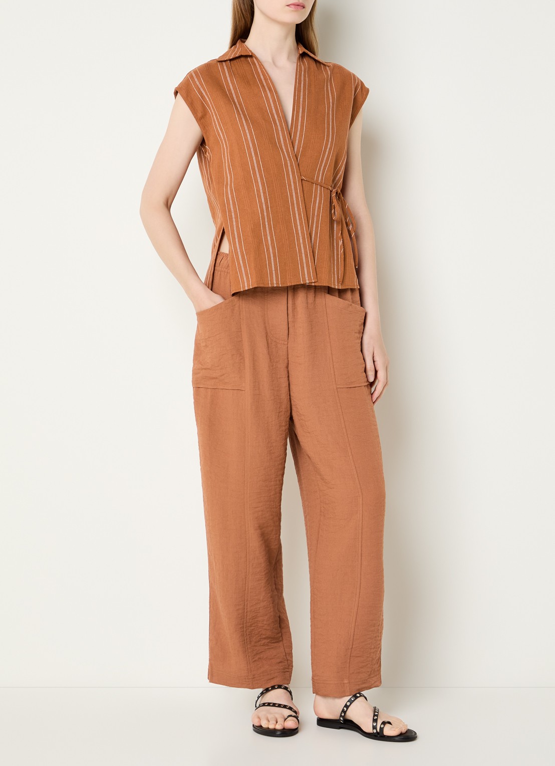 Benetton Mouwloze blouse in linnenblend met streepprint en strikceintuur - voorkant 3 oranjebruin