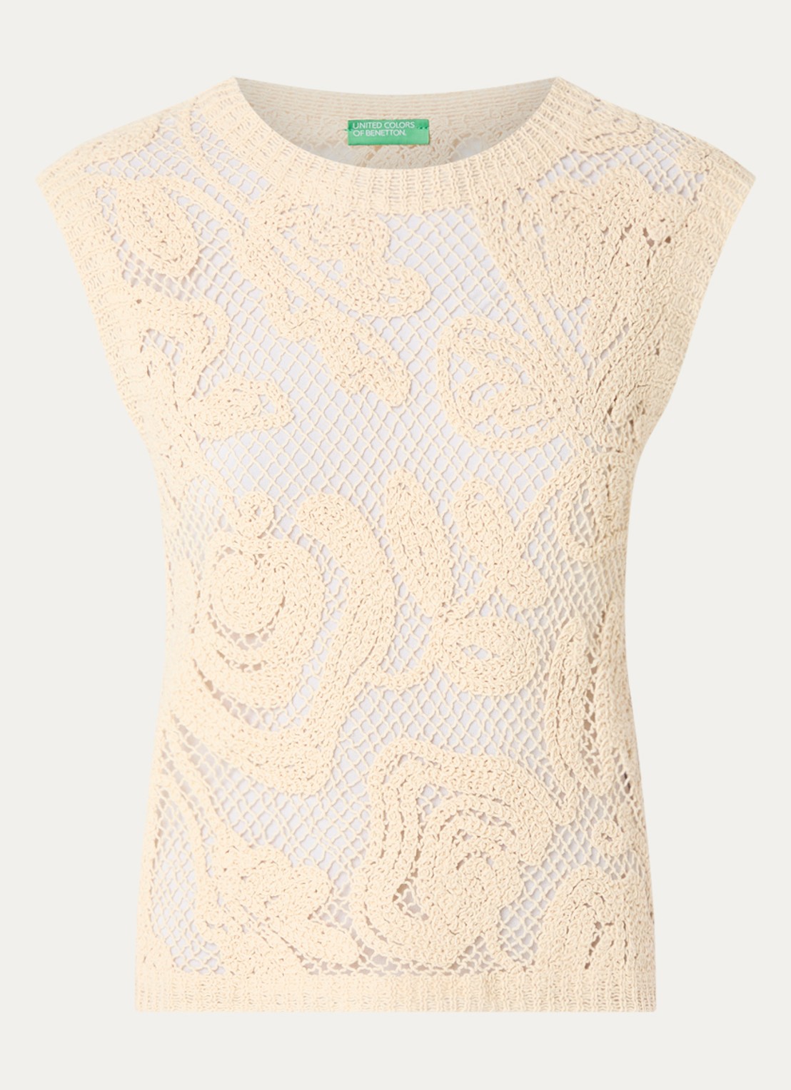 Benetton Mouwloze top met opengewerkt dessin - voorkant beige