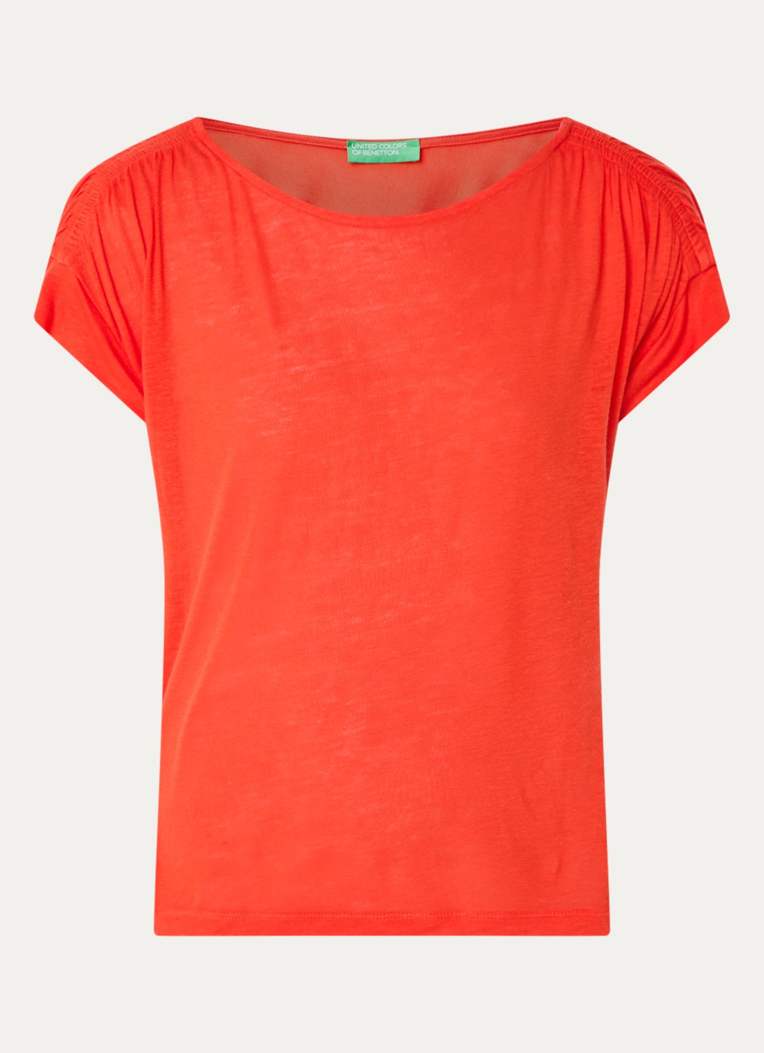 Benetton Semi-transparant T-shirt met ruches - voorkant oranjerood