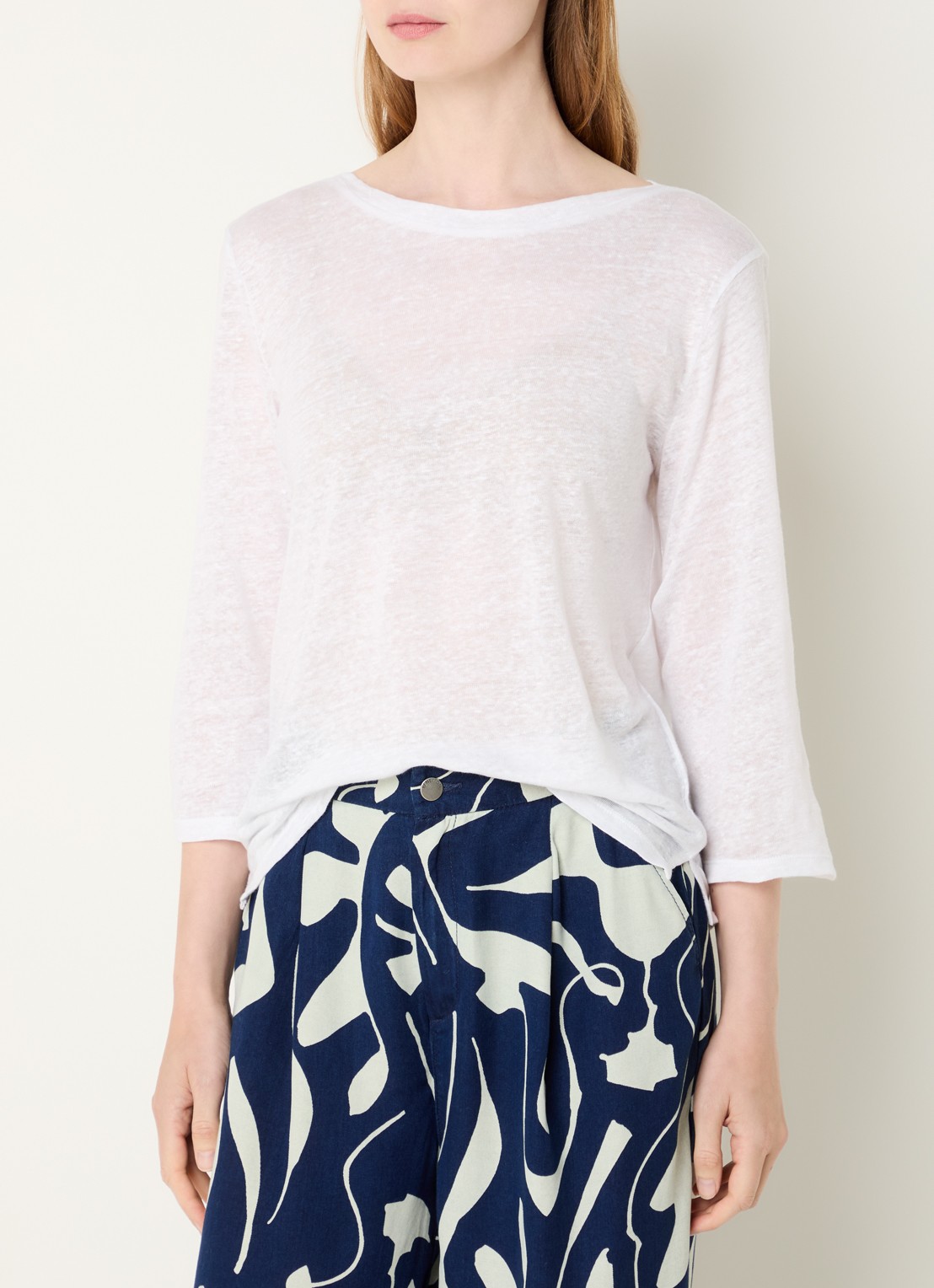 Benetton Semi-transparant T-shirt van linnen met boothals  - detail wit