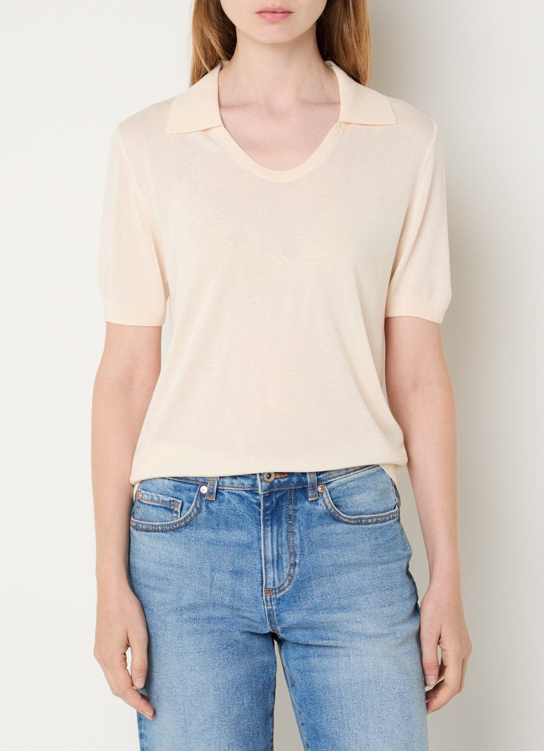 Benetton Semi-transparante polo in zijdeblend met ronde hals - detail 2 creme