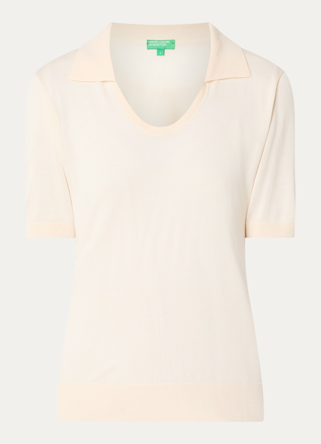 Benetton Semi-transparante polo in zijdeblend met ronde hals - voorkant 3 creme