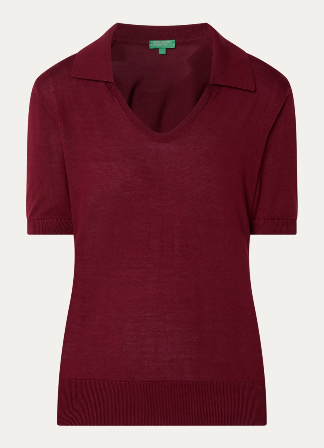 Benetton Semi-transparante polo in zijdeblend met ronde hals - voorkant 2 bordeauxrood