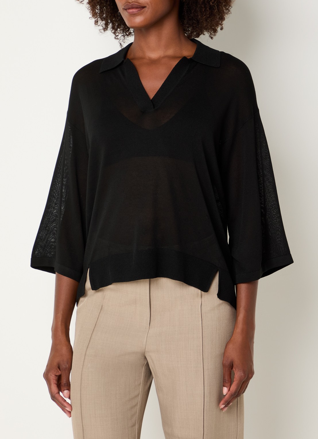 Benetton Semi-transparante top met polokraag - detail 3 zwart