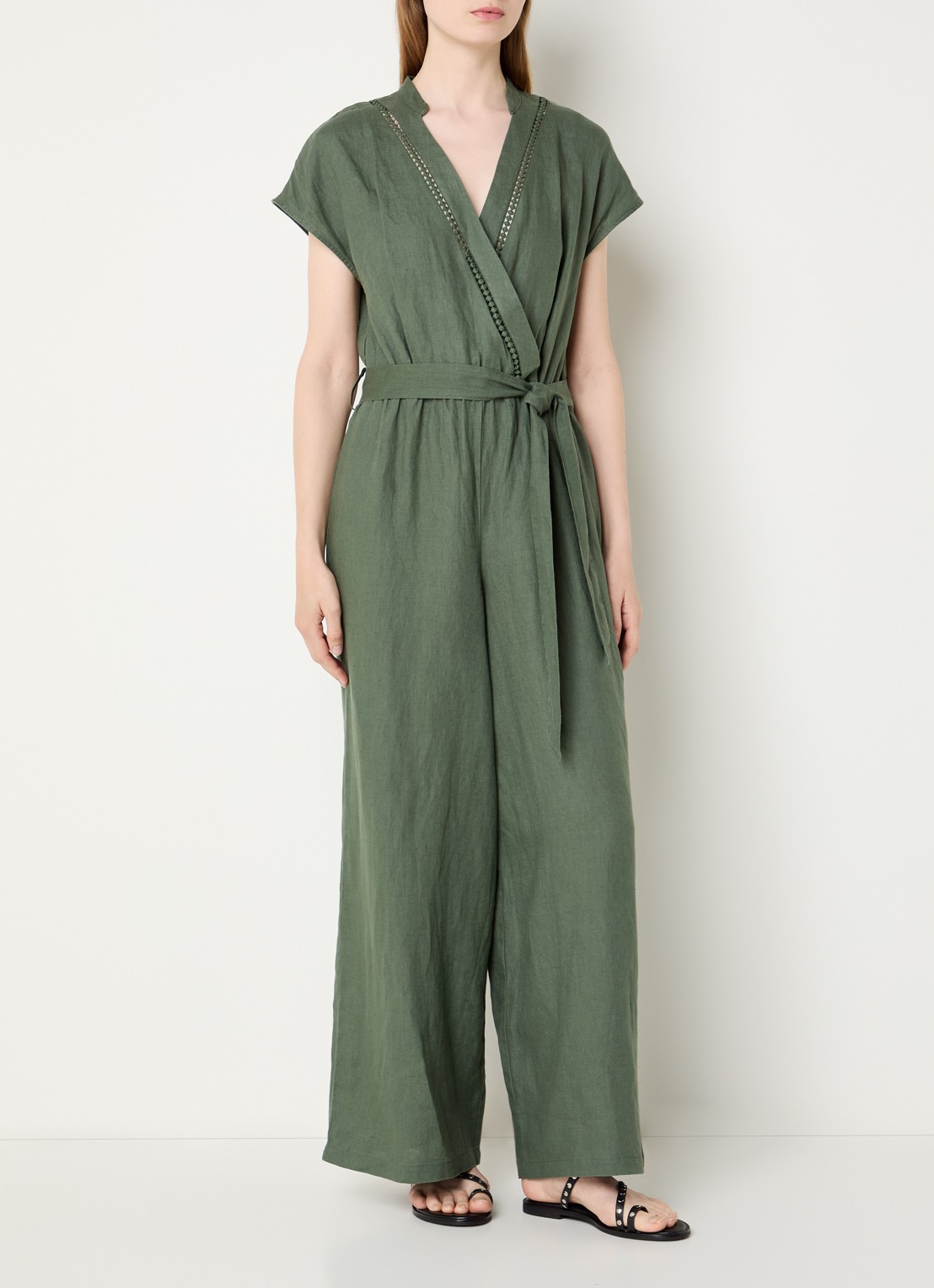 Benetton Straight fit jumpsuit van linnen met strikceintuur - detail 2 legergroen