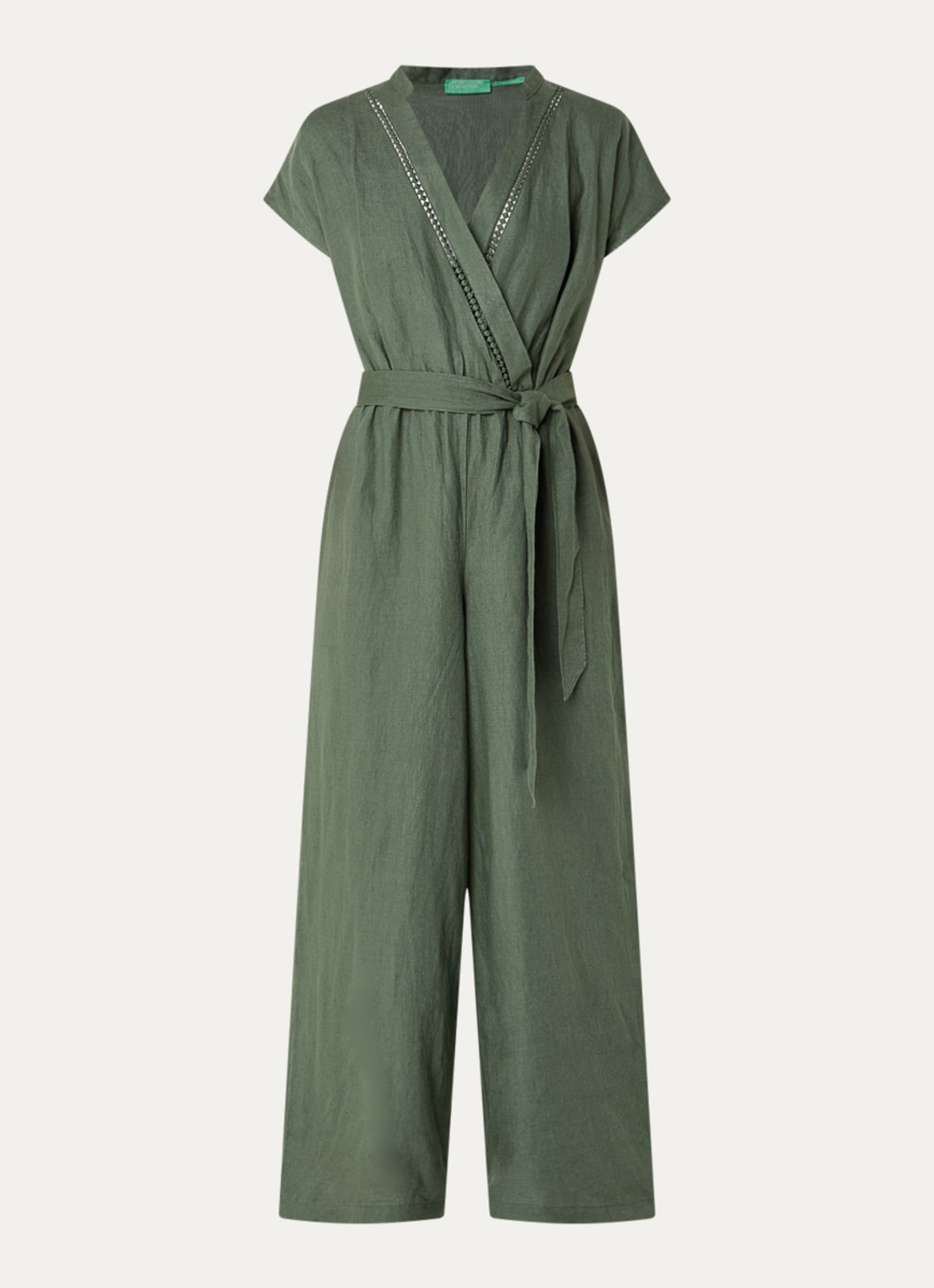 Benetton Straight fit jumpsuit van linnen met strikceintuur - voorkant 3 legergroen