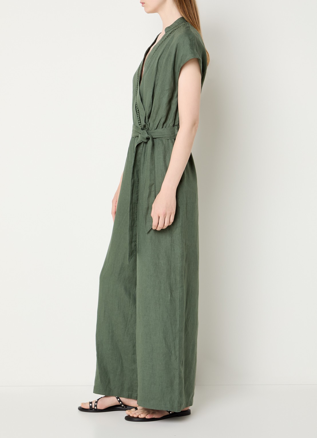 Benetton Straight fit jumpsuit van linnen met strikceintuur - voorkant 4 legergroen