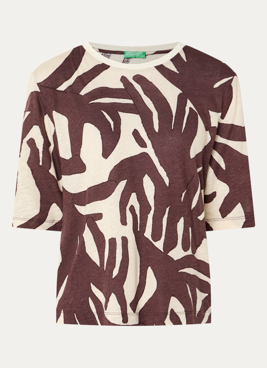 Benetton T-shirt in linnenblend met print - voorkant 2 oranjebruin