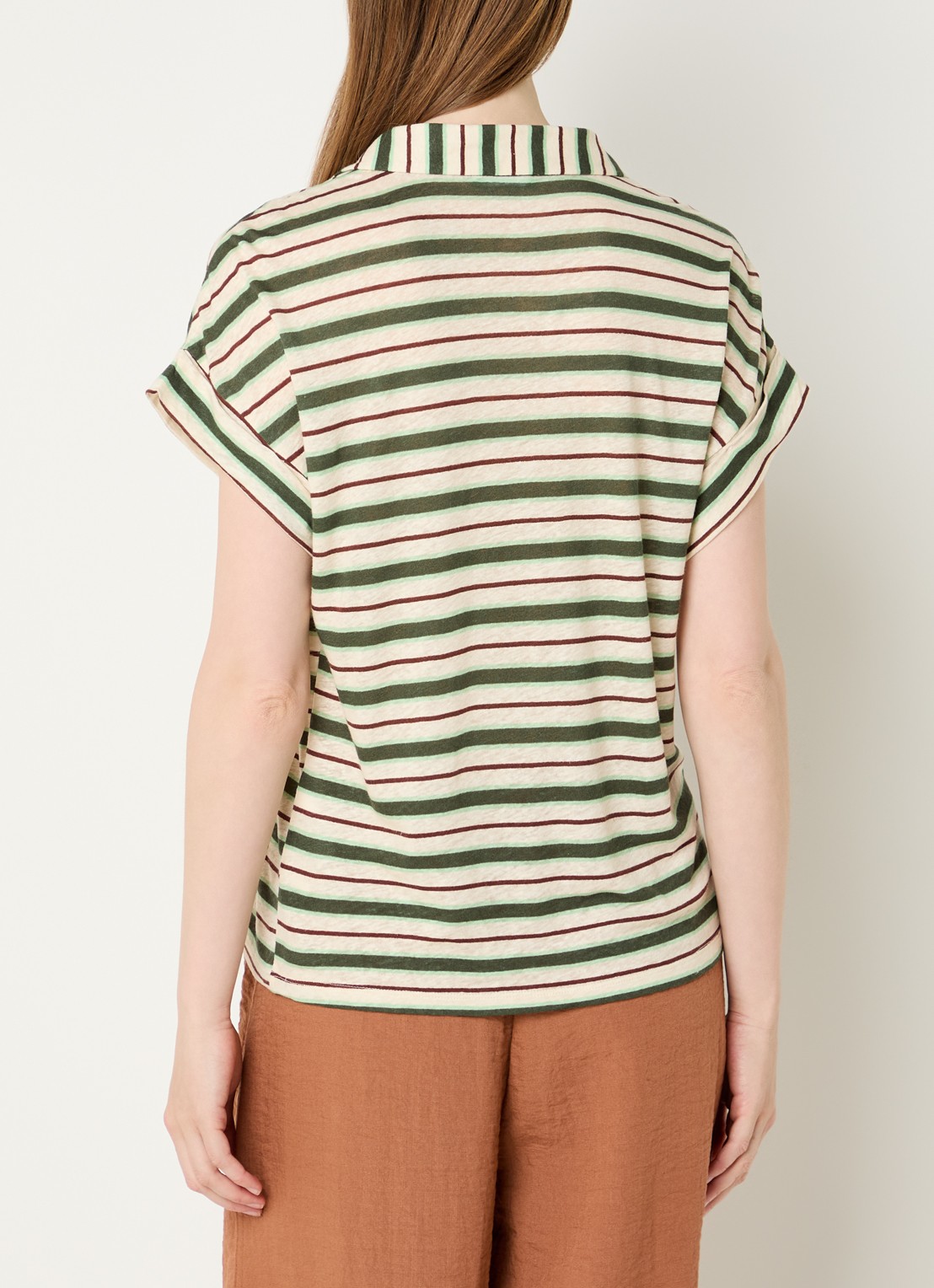 Benetton T-shirt in linnenblend met streepprint en polokraag - achterkant creme