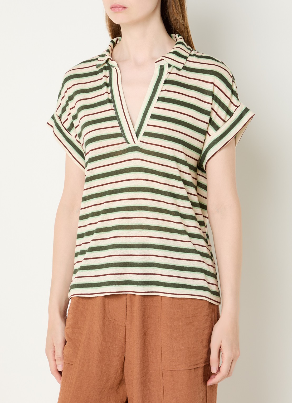 Benetton T-shirt in linnenblend met streepprint en polokraag - detail 4 creme
