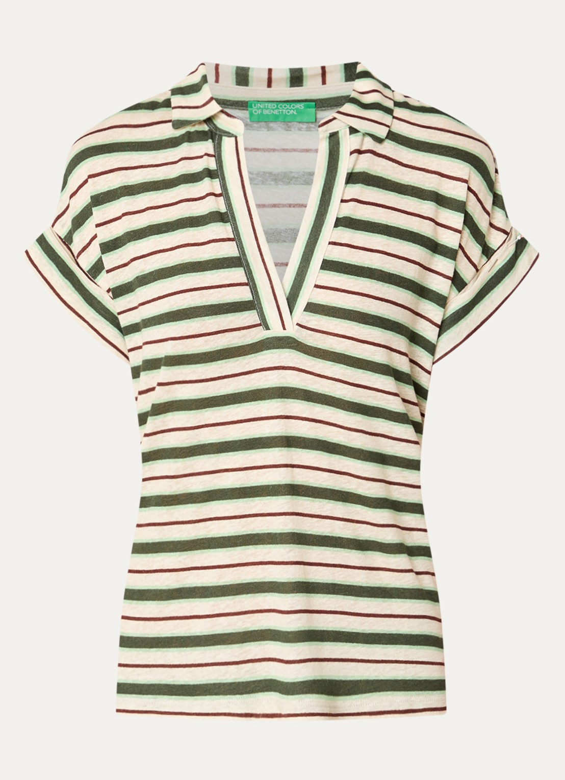 Benetton T-shirt in linnenblend met streepprint en polokraag - voorkant 2 creme