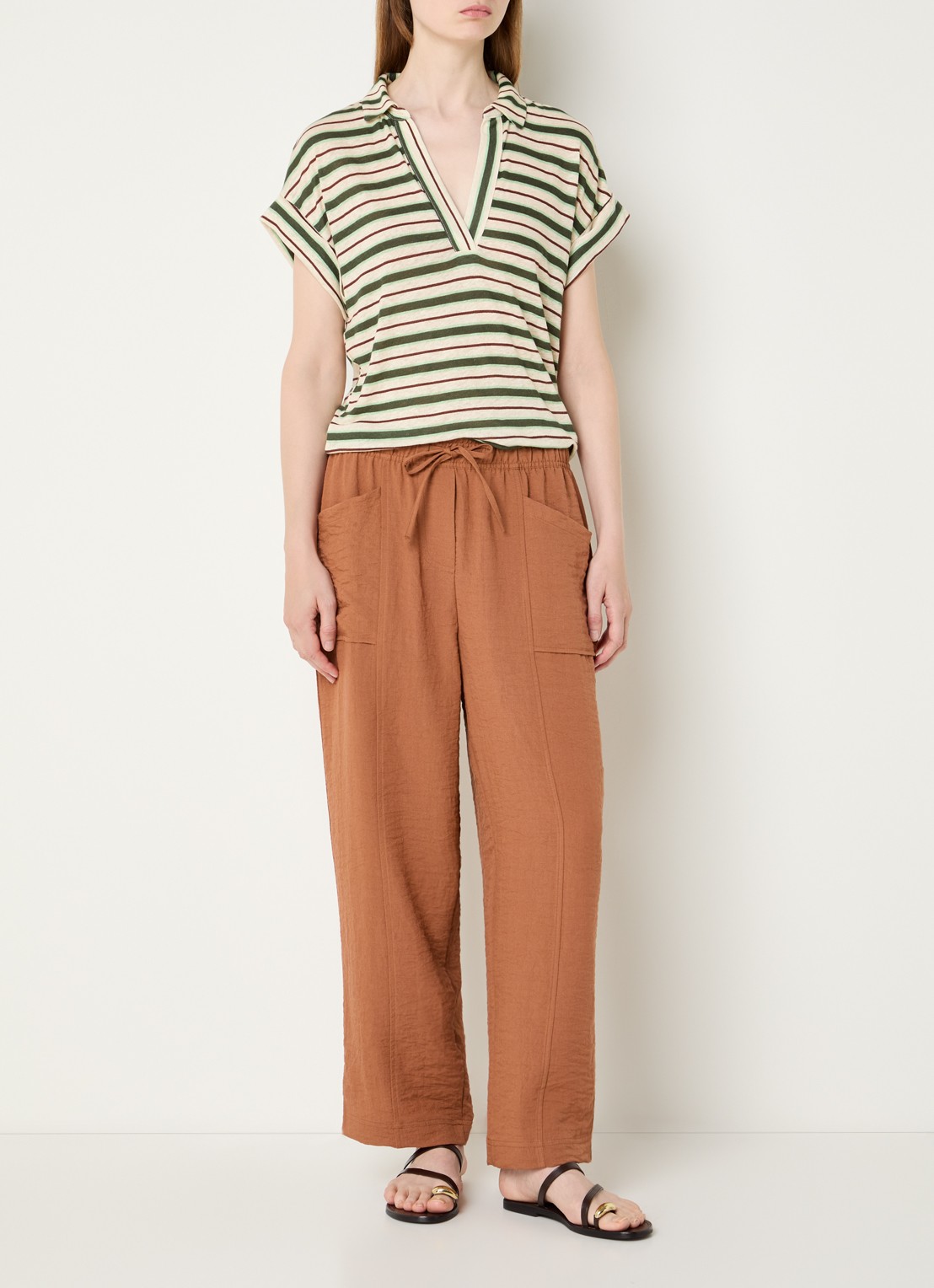 Benetton T-shirt in linnenblend met streepprint en polokraag - voorkant 3 creme