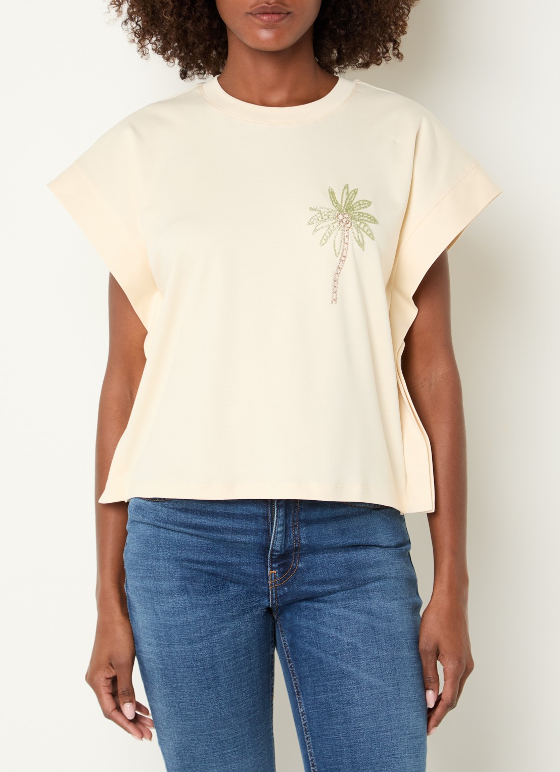 Benetton T-shirt met kralendecoratie - detail creme
