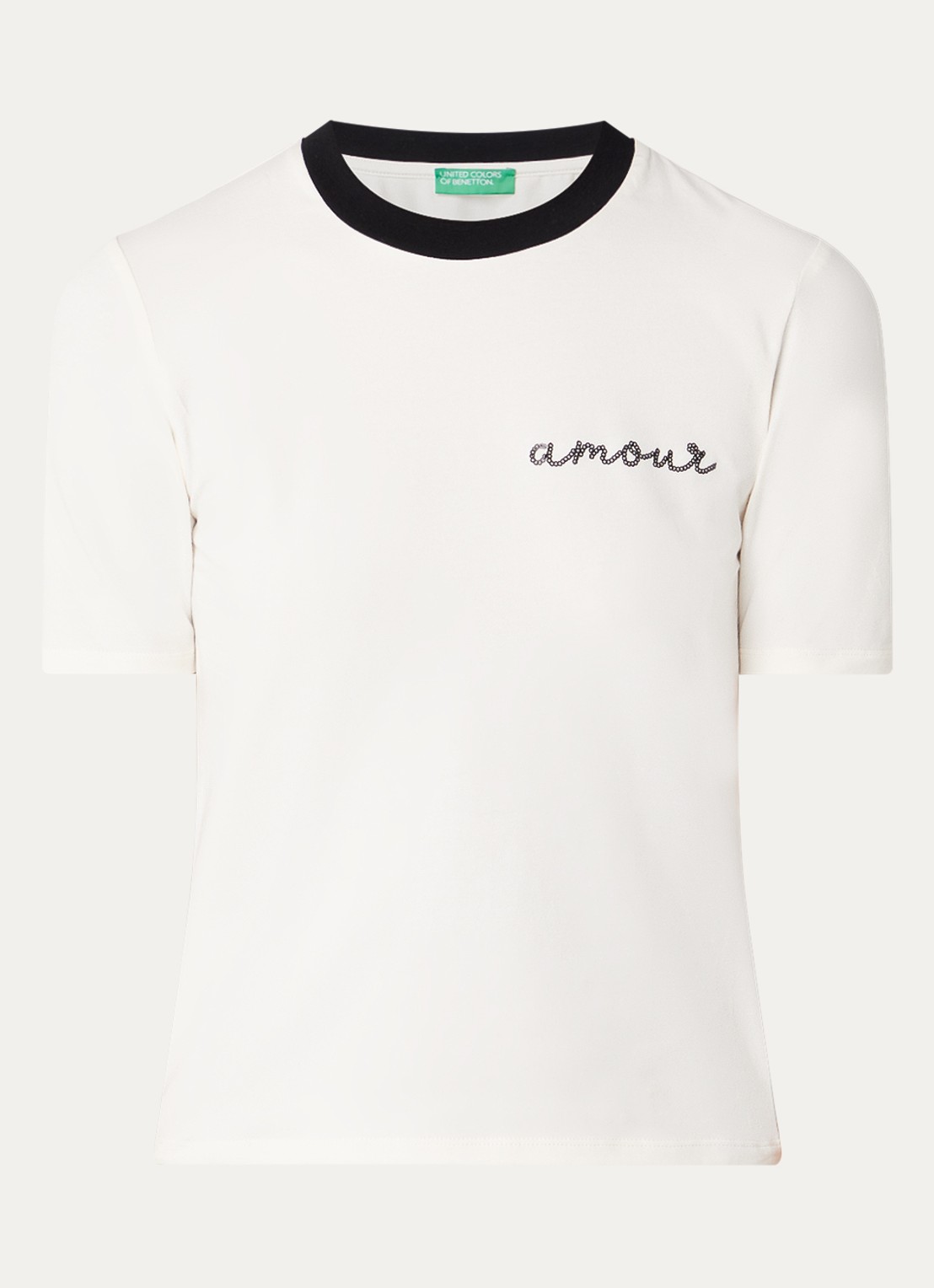 Benetton T-shirt met logo en pailletten - voorkant creme