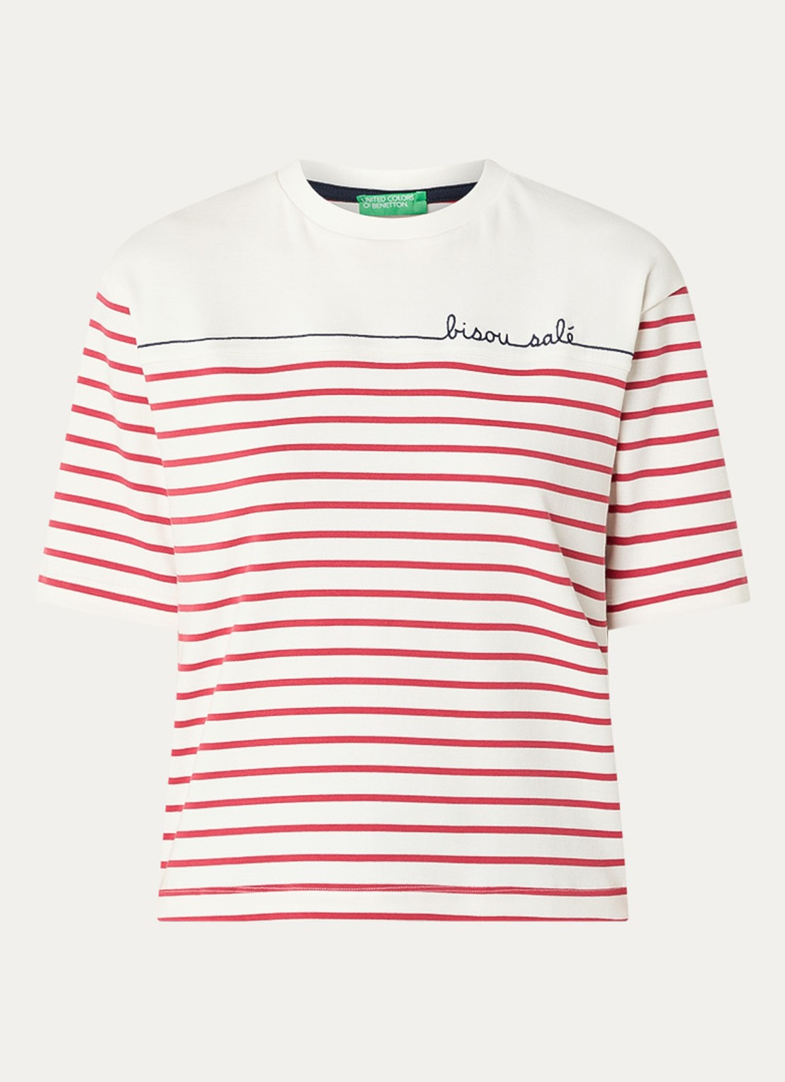 Benetton T-shirt met streepprint en borduring - voorkant steenrood