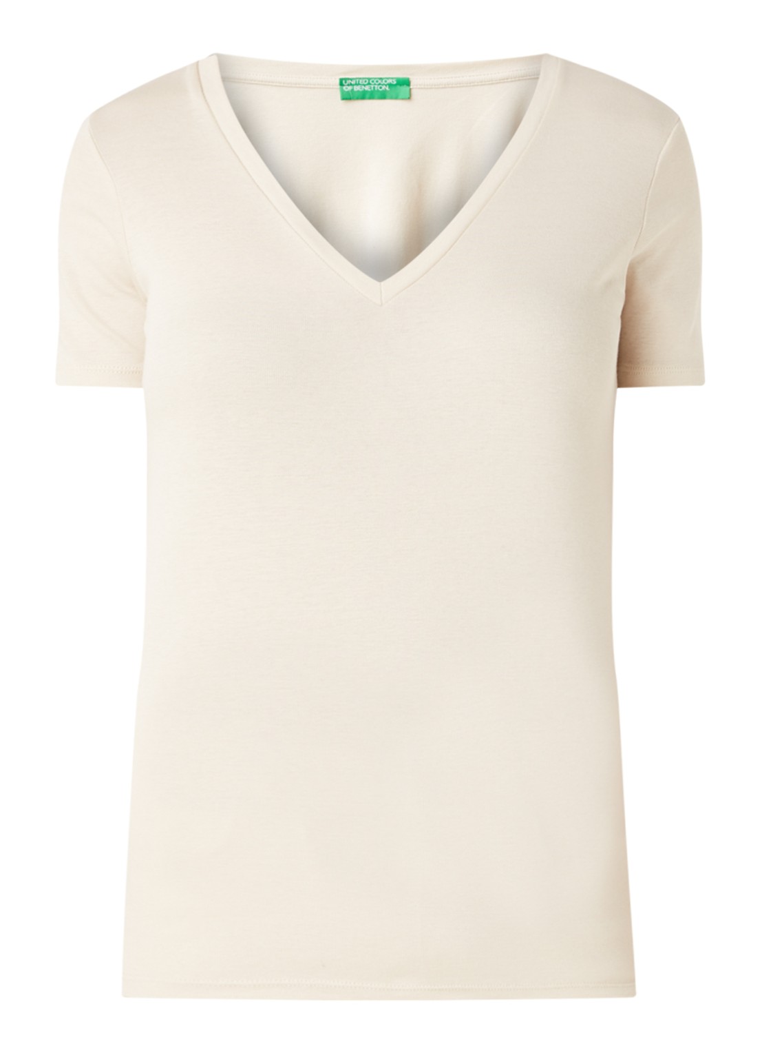Benetton T-shirt van katoen met V-hals - voorkant 2 creme