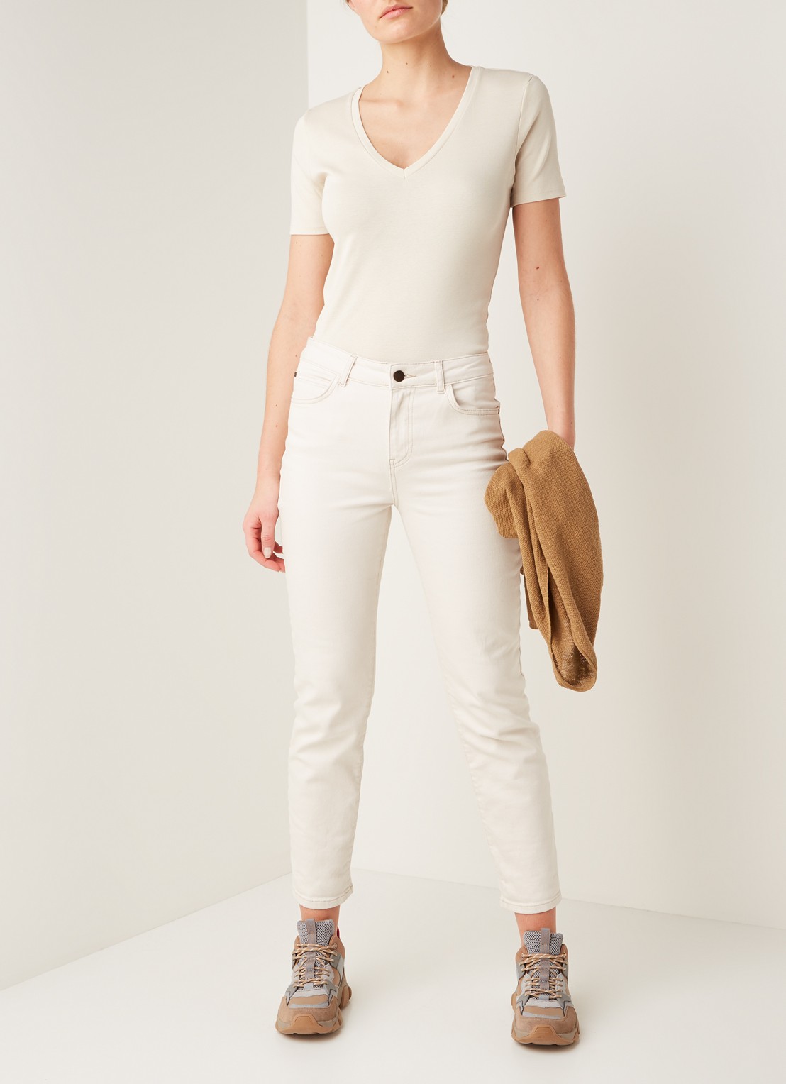 Benetton T-shirt van katoen met V-hals - voorkant 3 creme