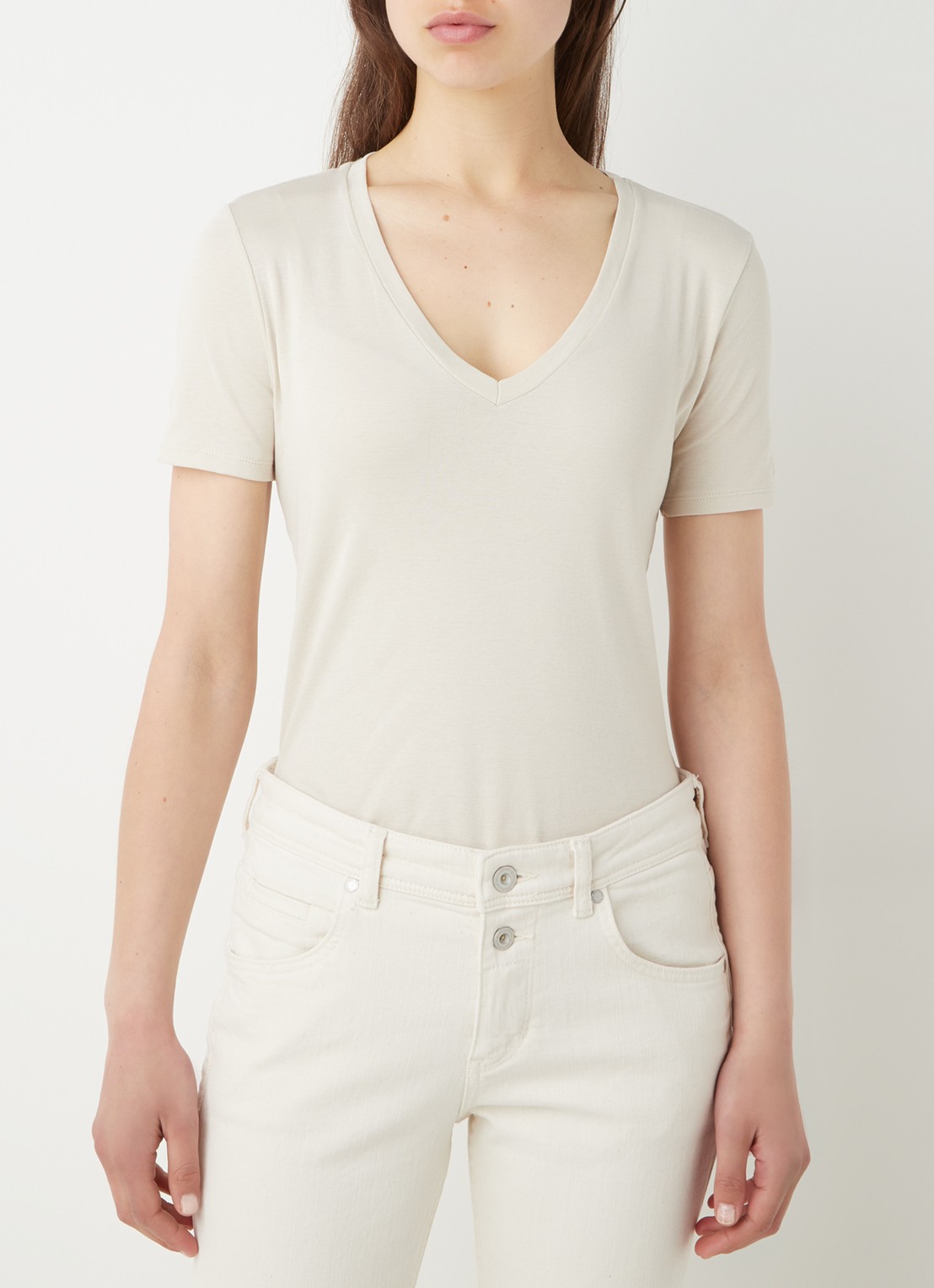 Benetton T-shirt van katoen met V-hals - detail beige