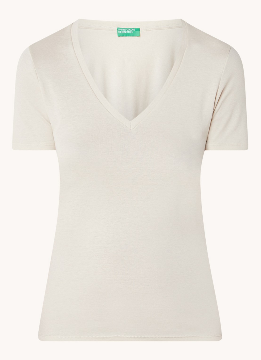 Benetton T-shirt van katoen met V-hals - voorkant 2 zand