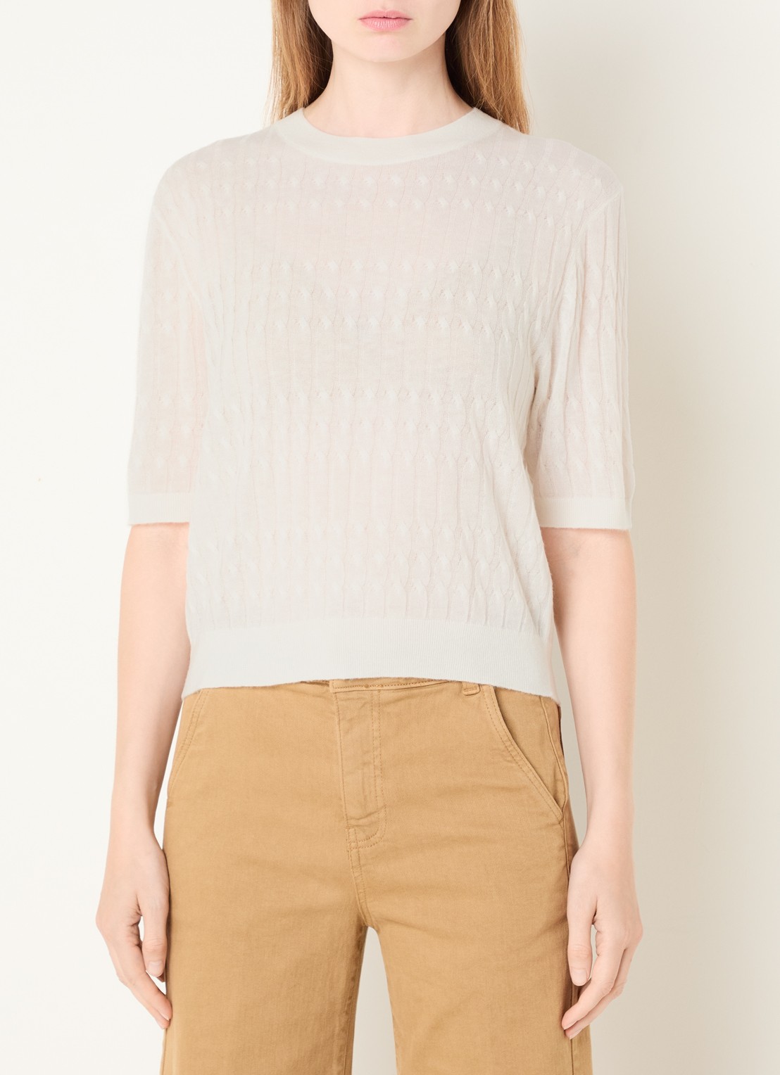 Benetton Top in wolblend met ronde hals - detail creme