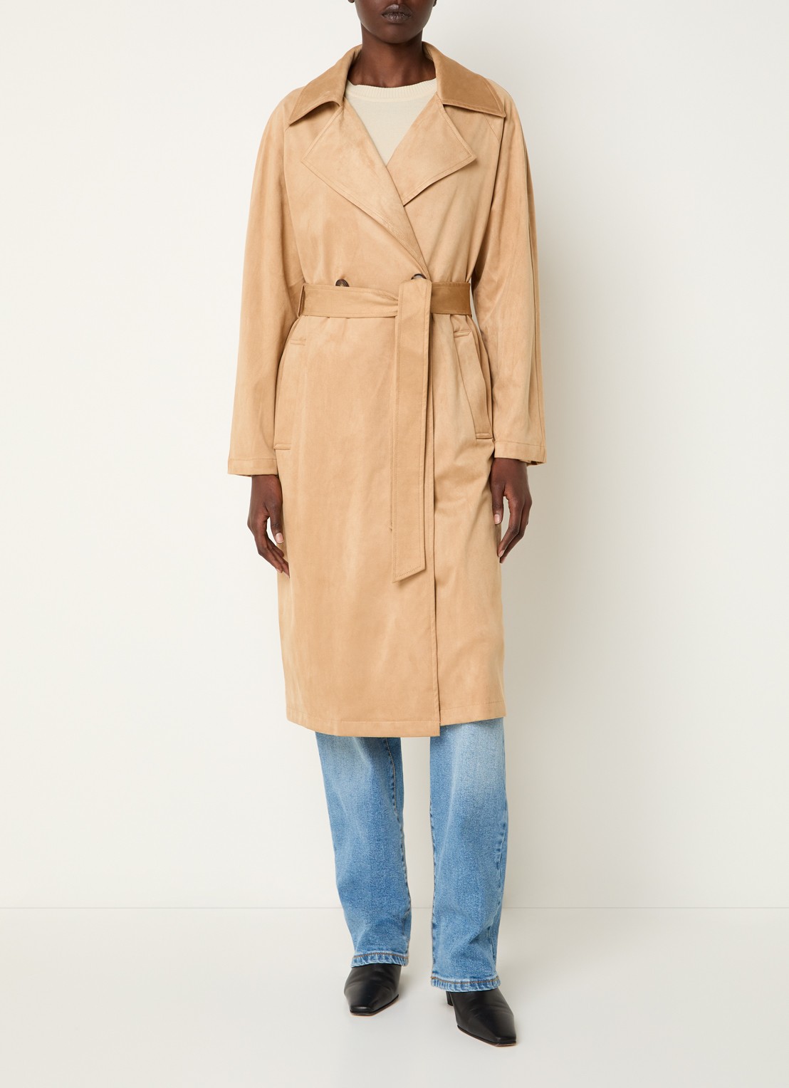 Benetton Trenchcoat van imitatiesuède met strikceintuur - detail 4 camel