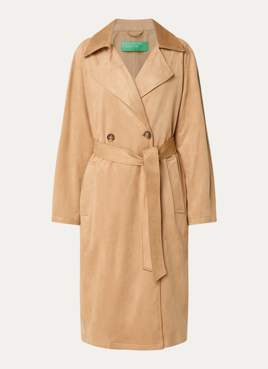 Benetton Trenchcoat van imitatiesuède met strikceintuur - voorkant 2 camel