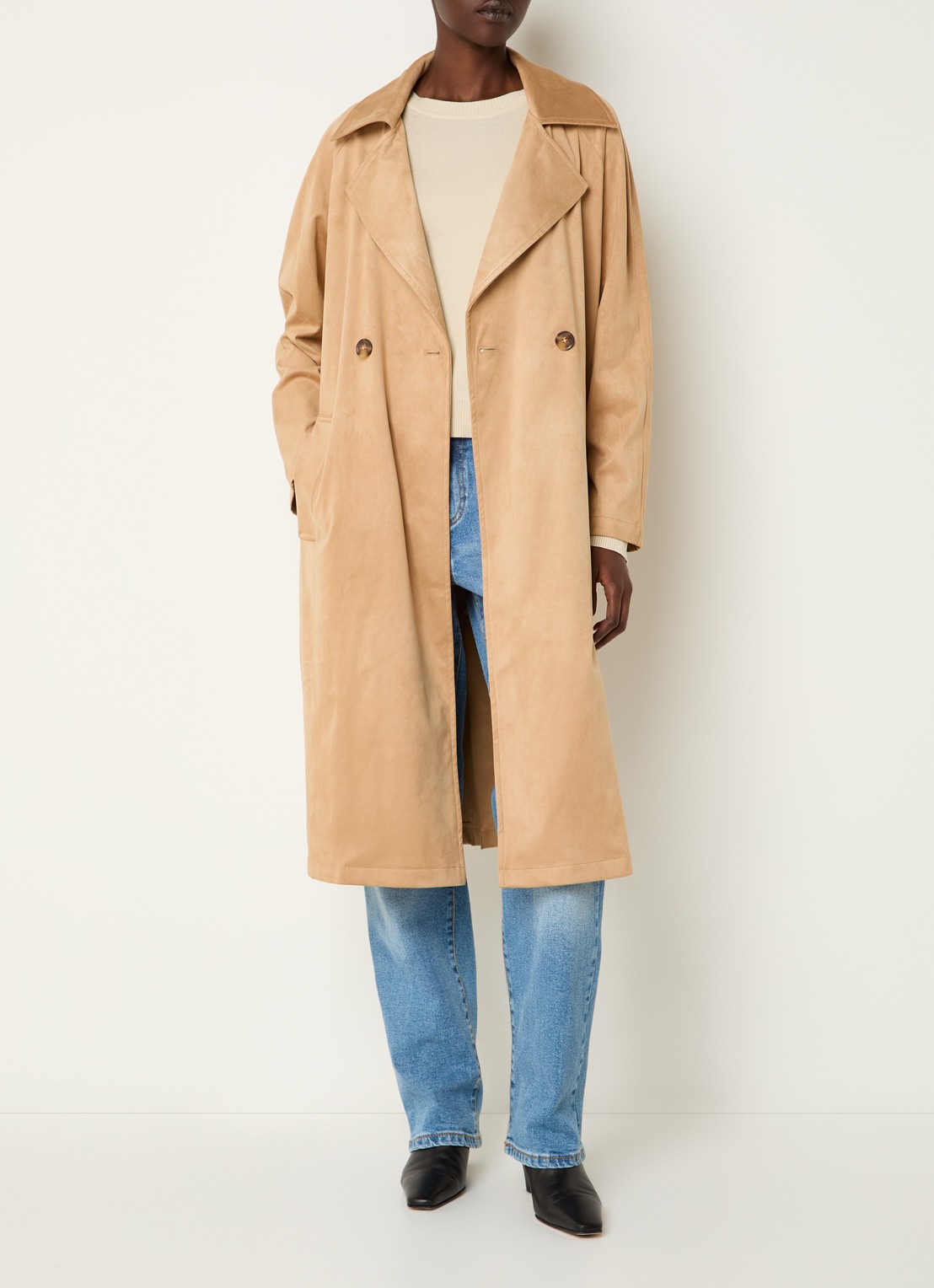 Benetton Trenchcoat van imitatiesuède met strikceintuur - voorkant 3 camel