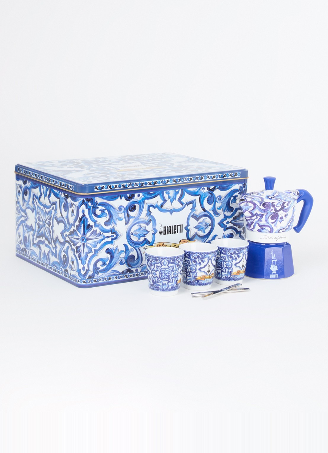 Bialetti Dolce & Gabbana Moka Express percolator 3-kops in geschenkverpakking 7-delig - voorkant 3 royalblauw