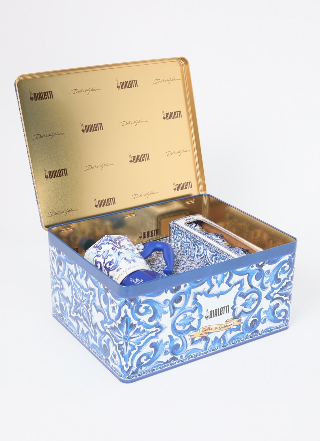 Bialetti Dolce & Gabbana Moka Express percolator 6-kops in geschenkverpakking 7-delig - detail blauw