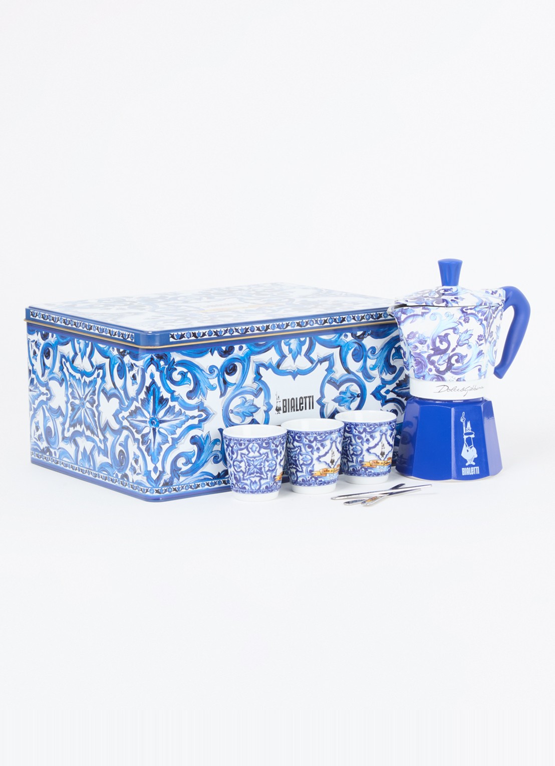 Bialetti Dolce & Gabbana Moka Express percolator 6-kops in geschenkverpakking 7-delig - voorkant 3 blauw