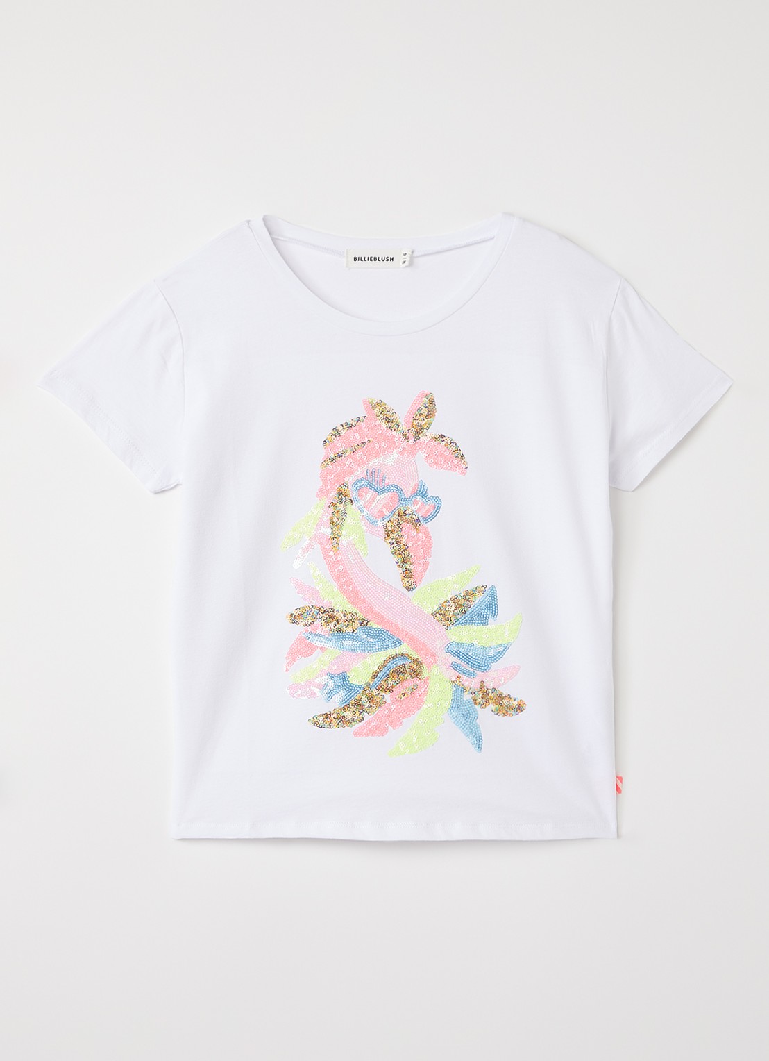 Billieblush Flamingo T-shirt met pailletten - voorkant wit