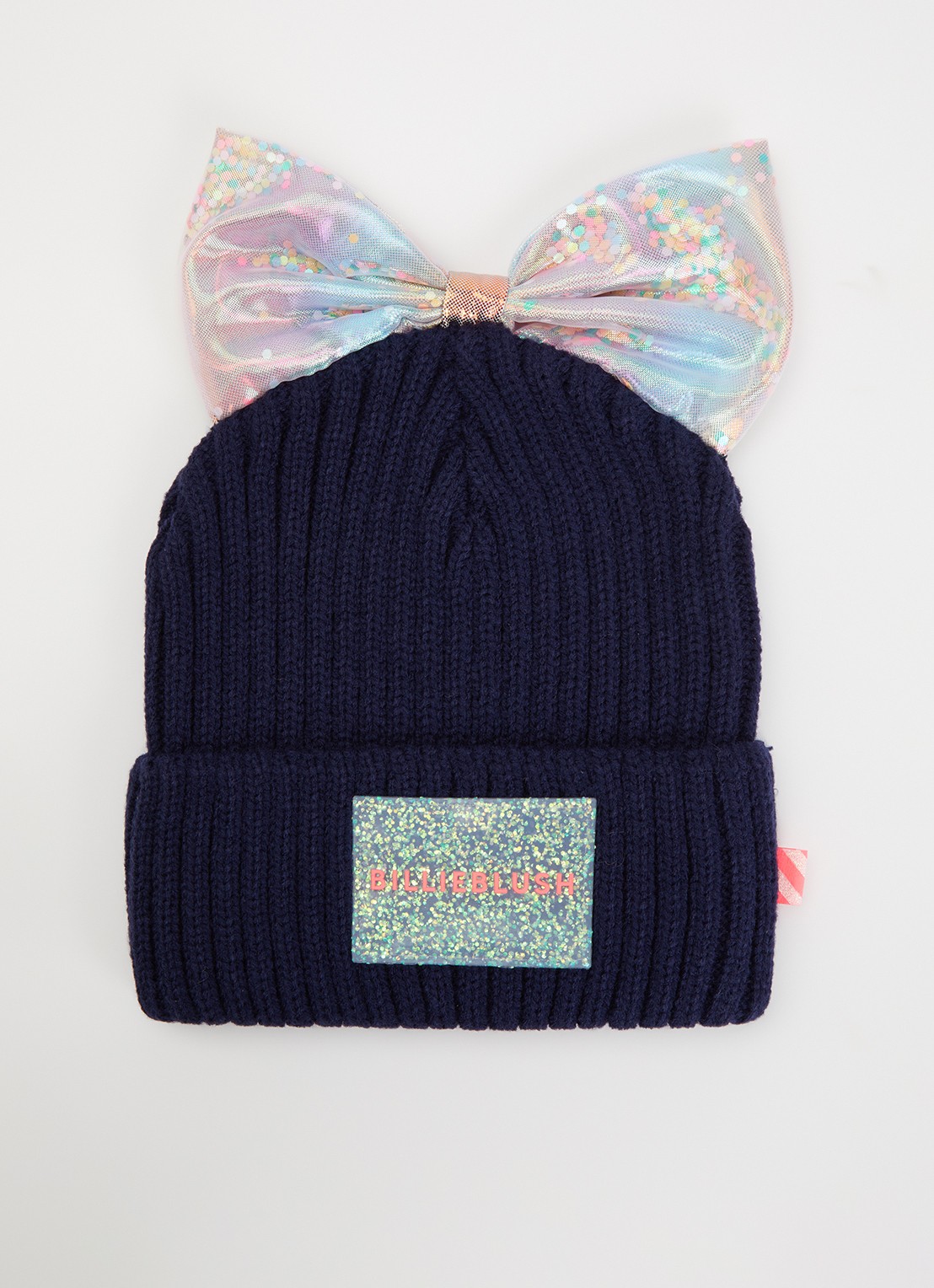 Billieblush Ribgebreide muts met strikdetail en logo - voorkant donkerblauw