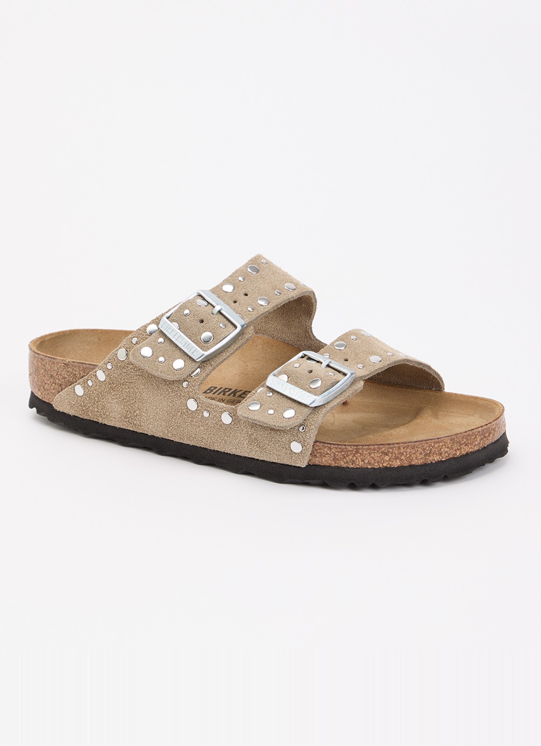 Birkenstock Arizona Rivet slipper van suède met studs - voorkant khaki