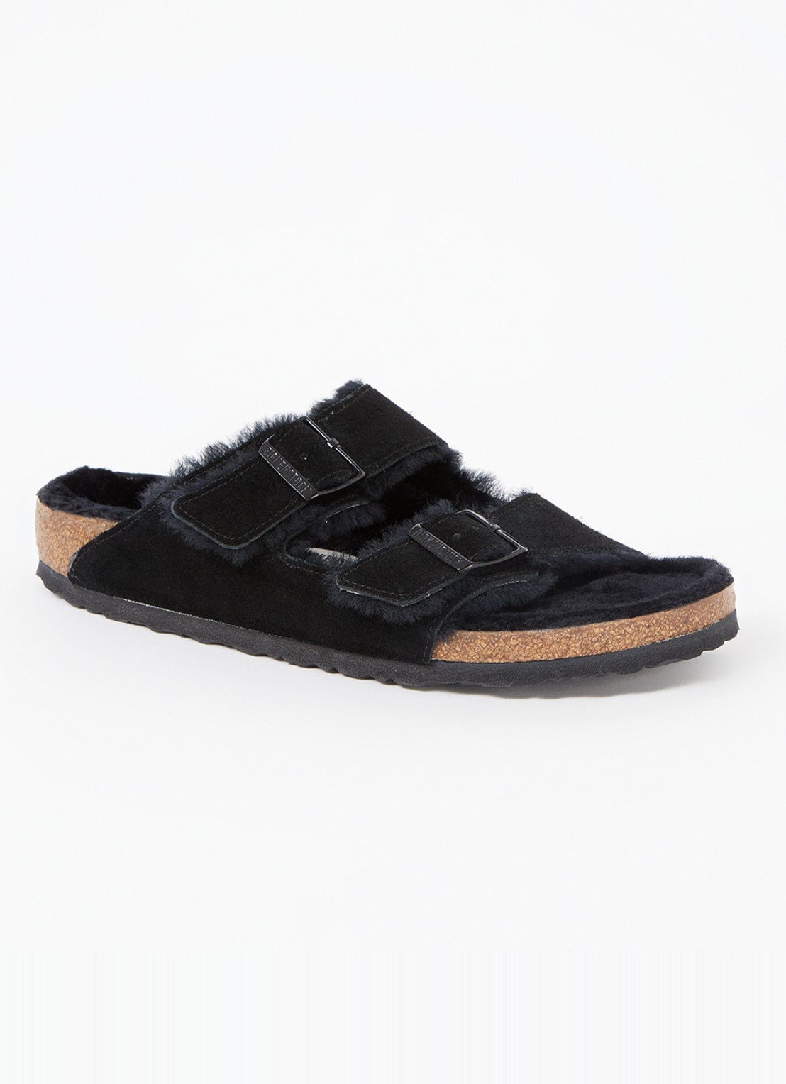 Birkenstock Arizona slipper met voering van lamswol - voorkant 2 zwart