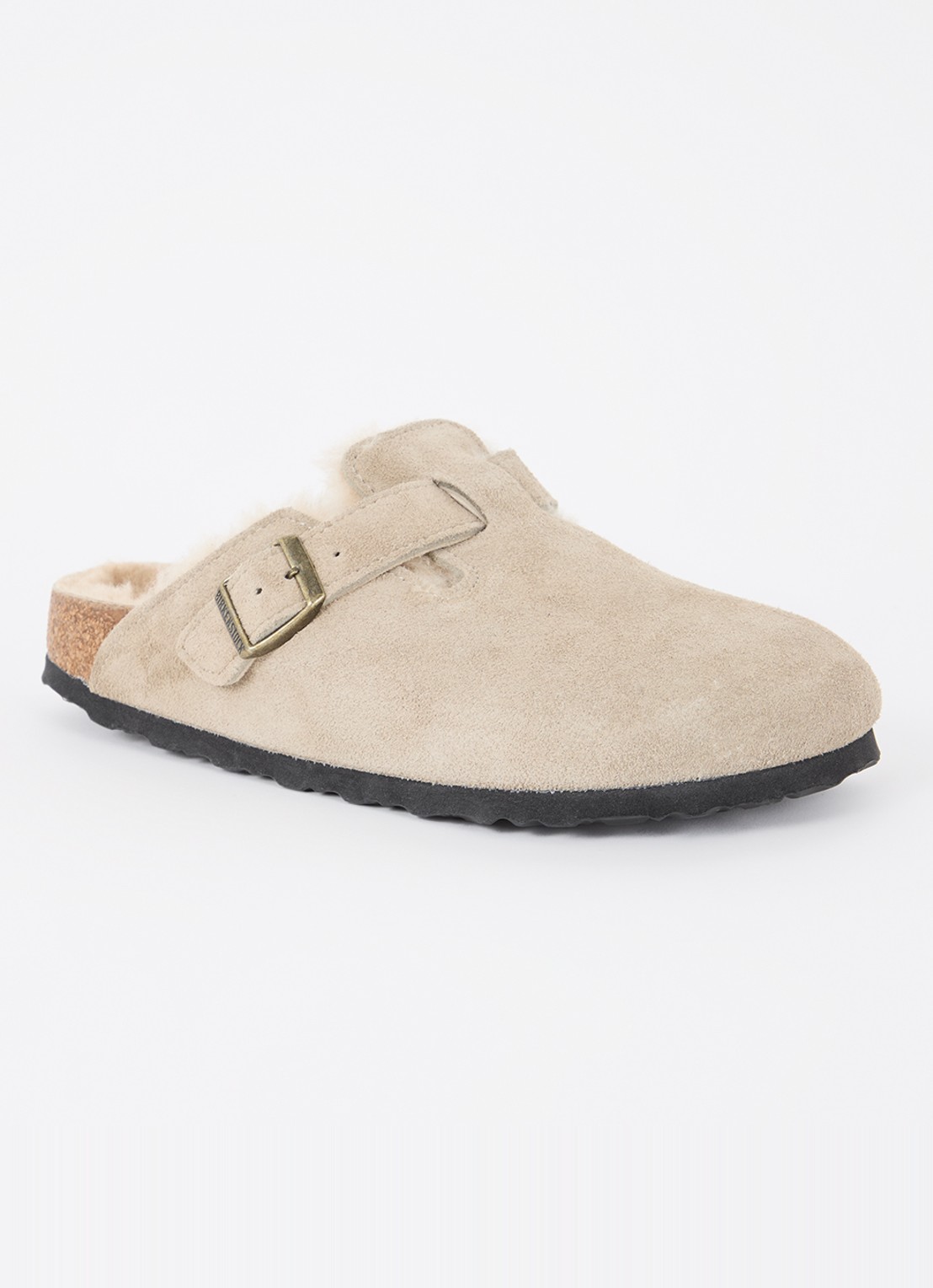 Birkenstock Boston clog van suède met lamswol - voorkant taupe